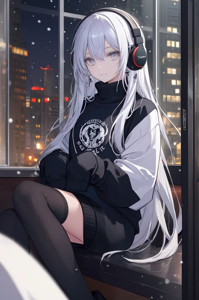 ((masterpiece:1.4, best quality:1.2)), 1girl, solo focus, beautiful skin, sweatshirt, very long white hair, grey eyes, black legwear, sitting, earrings, piercing, coffee shop window, night, snowing, cityscape, tall female, beautiful and delicate female, comfy ambience, {correct posing}, {detailed background}, a miniskirt, headphones on the head