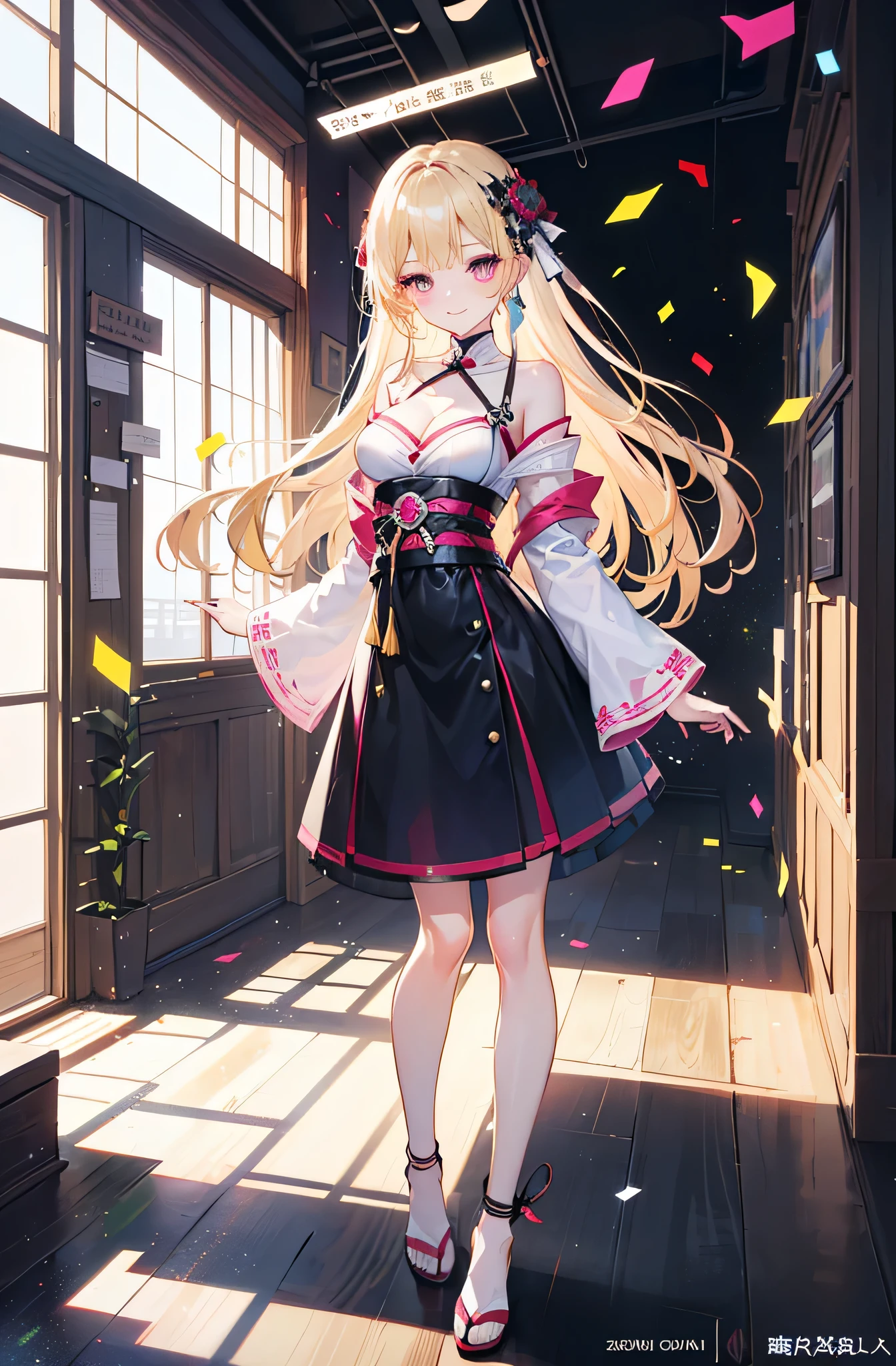 ((16k,RAW photo,highest quality,High resolution,ray tracing,PBR texture,Post-processing,)),(((Pink leather bondage skirt , cute日本のアニメの女の子,Long long straight blonde hair,emphasize cleavage,bare hands,thin legs,The number of accurately drawn fingers,thin legs)))(detailed face:1.4),(masterpiece:1.4),(highest quality:1.4), beautiful fine skin,(cute:1.5),stiletto heels,Leather luster 3.0,beautiful skin,(Bodycon with beautiful embroidery),((thin eyebrows,long eyelashes,smile,double eyelid,)),(((no title required,Never write,Do not include text,))),Don'Don't put anything on your shoulders, Active figure,Obi Ken,Create beautiful light effects on your background、Create a confetti effect on the background,((whole body))