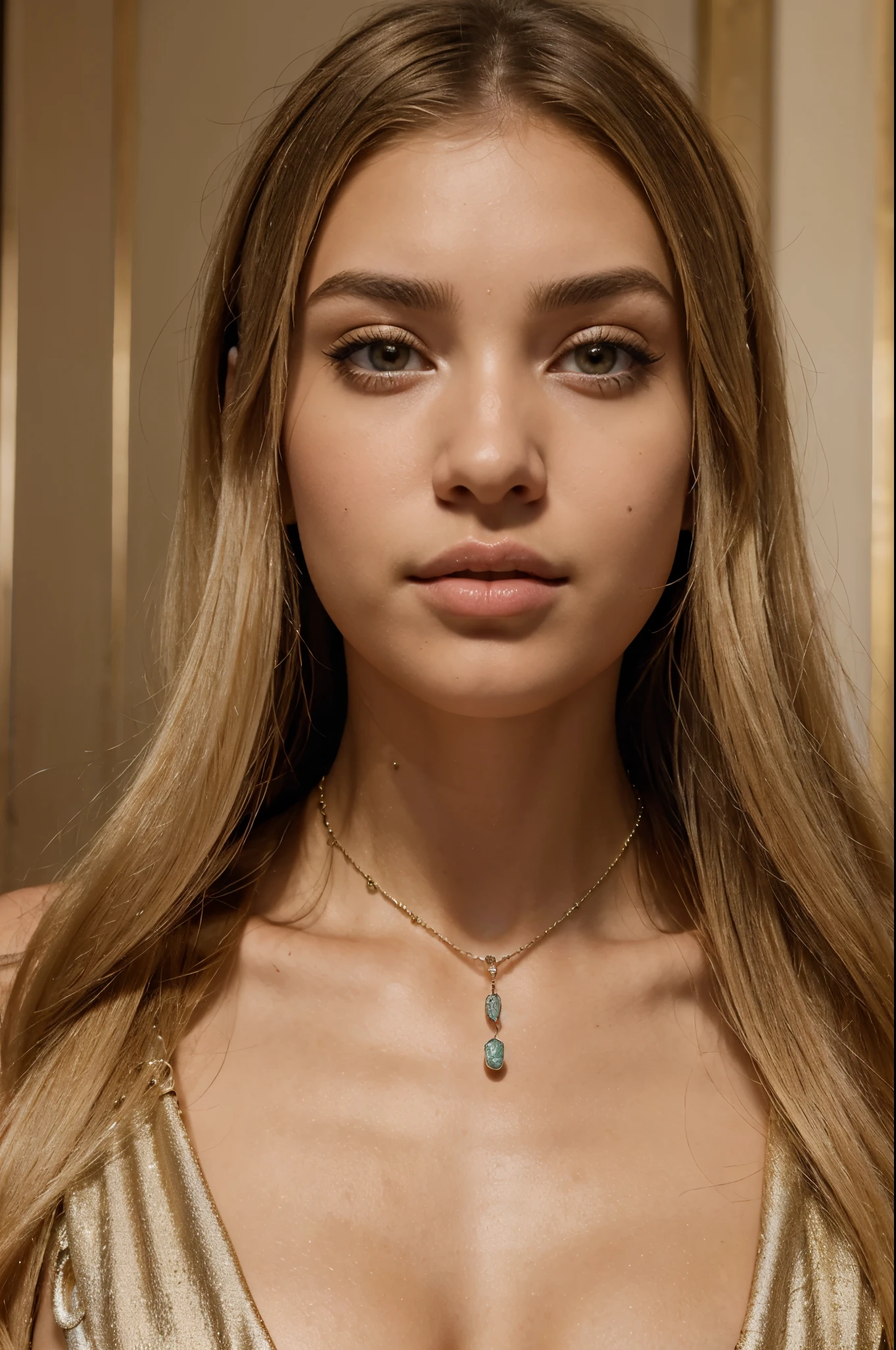 a close up of a woman with a necklace on her neck, blonde straight hair, shutterstock, antipodeans, face like ester exposito, doja cat, dua lipa, valentina remenar, spain rodriguez, malika favre, miranda kerr,