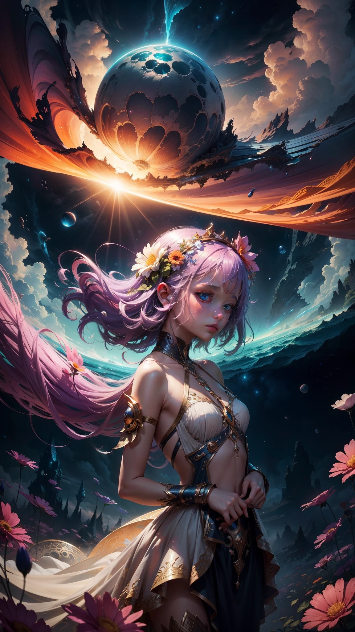"((Fantasy art)) featuring an alien girl immersed in a celestial symphony, clouds transforming into vibrant splashes, flowers scattered like notes in the wind, a visual orchestration of color and wonder"