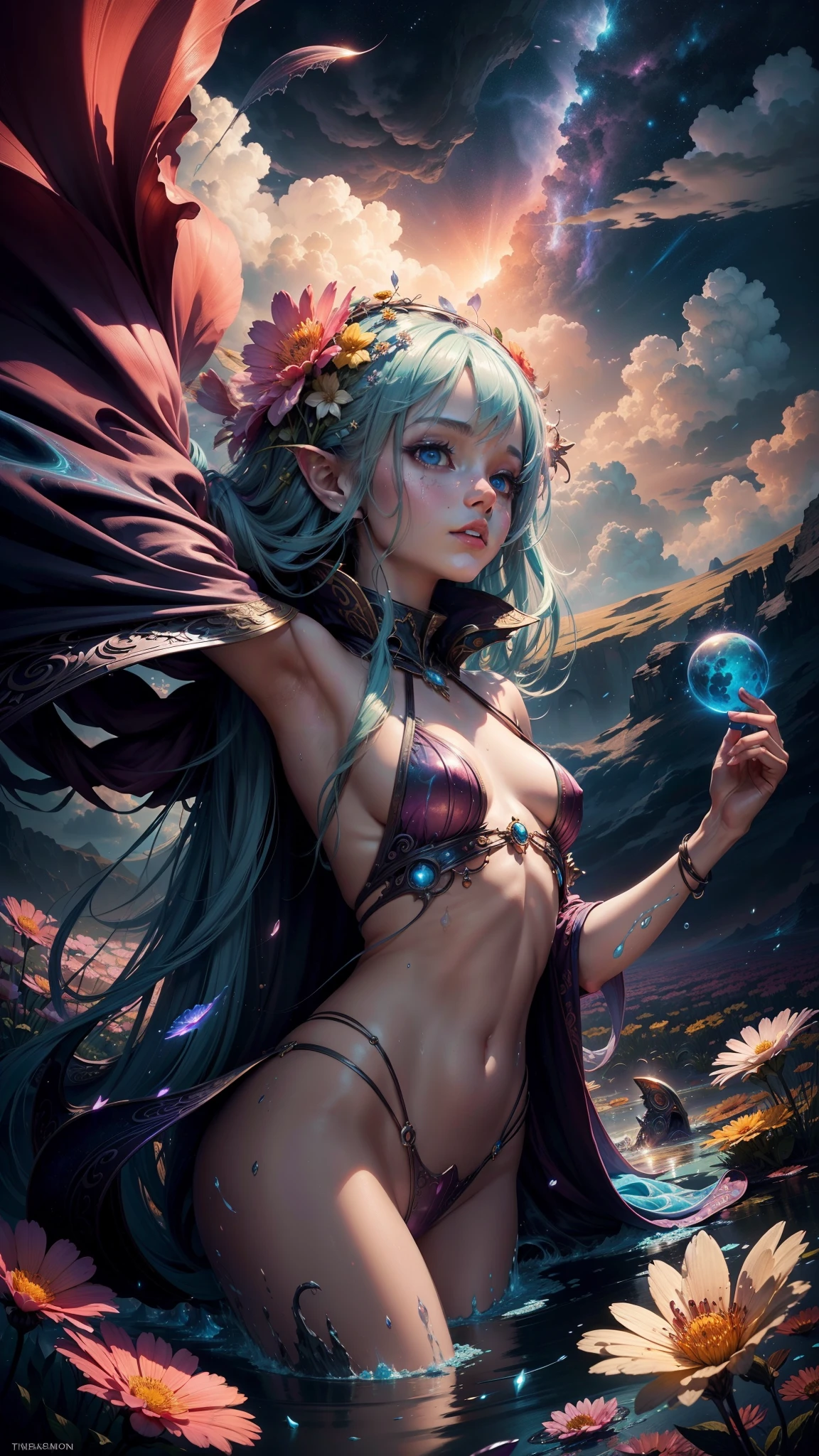 "((Fantasy art)) featuring an alien girl immersed in a celestial symphony, clouds transforming into vibrant splashes, flowers scattered like notes in the wind, a visual orchestration of color and wonder"