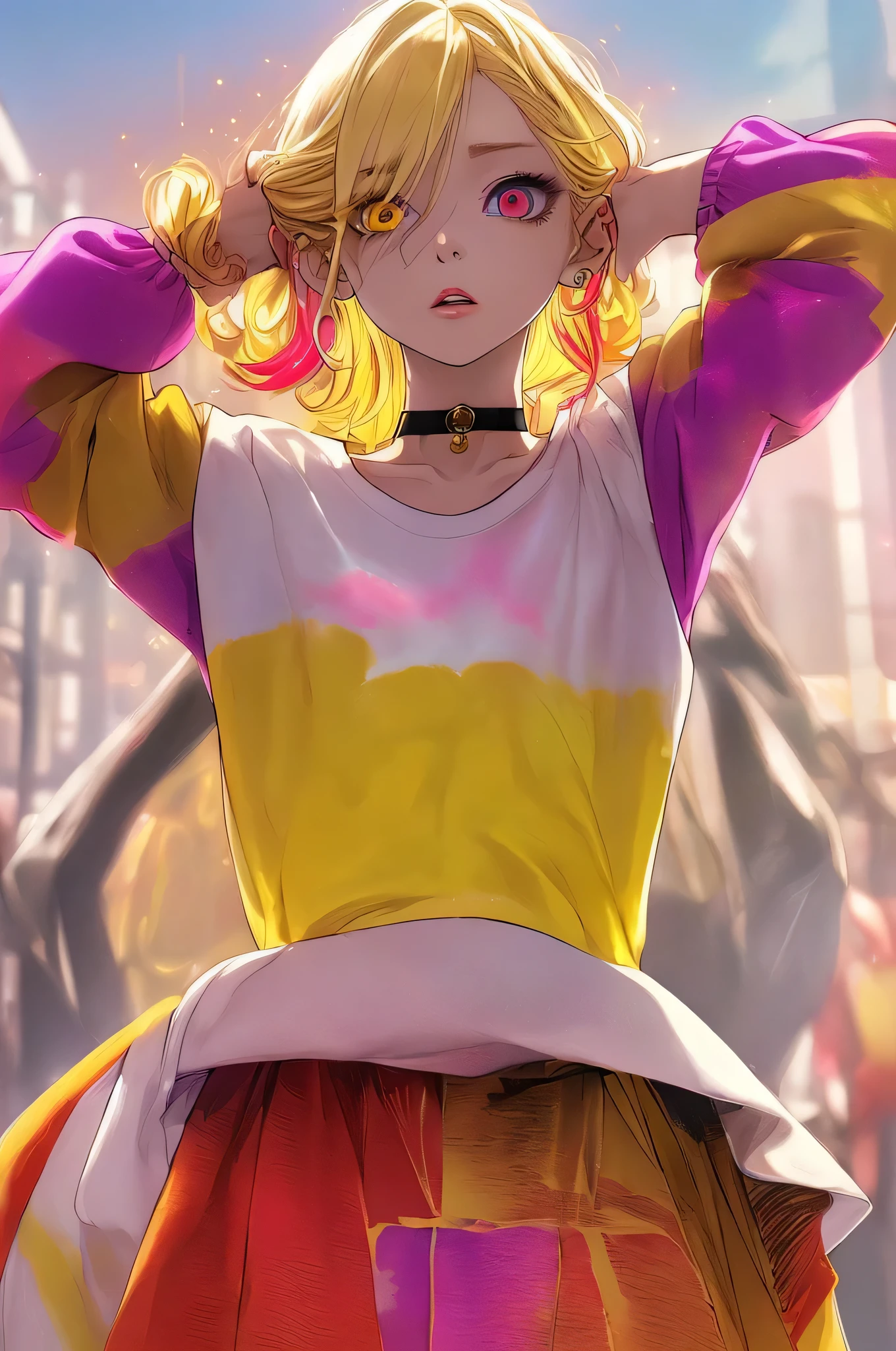 Upper body standing painting, yellow style, (1 ), (alone), (cent, small), long blonde hair, looking at the viewer, Blue eyes background, white background, gem, Jacket, golden hair、straight hair, right earring, red eyes, choker necklace, sweater, eyelash, cosmetics, curly, punching, lipstick, ear piercing, eye shadow, hoop earrings, Red-pink lips, multicolored eyes, Yellow theme, 赤いeye shadow,Wearing a rainbow-colored aura from the whole body、purplish color, outdoor, Purple background, Shadow lighting,Hands folded behind the waist,Decisive pose、Detailed CG, (perfect hands, perfect anatomy