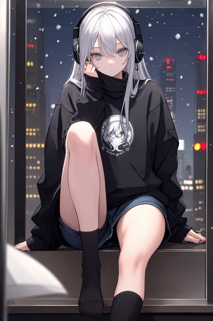Sitting on a bench at night, snow on the ground, shy, beauty spot on chin, wearing a loose oversized hoodie, hypebeast fashion, sexy thighs, side pose, small mole on the chin, blushing, neon lights, detailed background, raining, long sleeves, neck choker with necklace, long necklace, evil look, white hair, detailed digital anime art