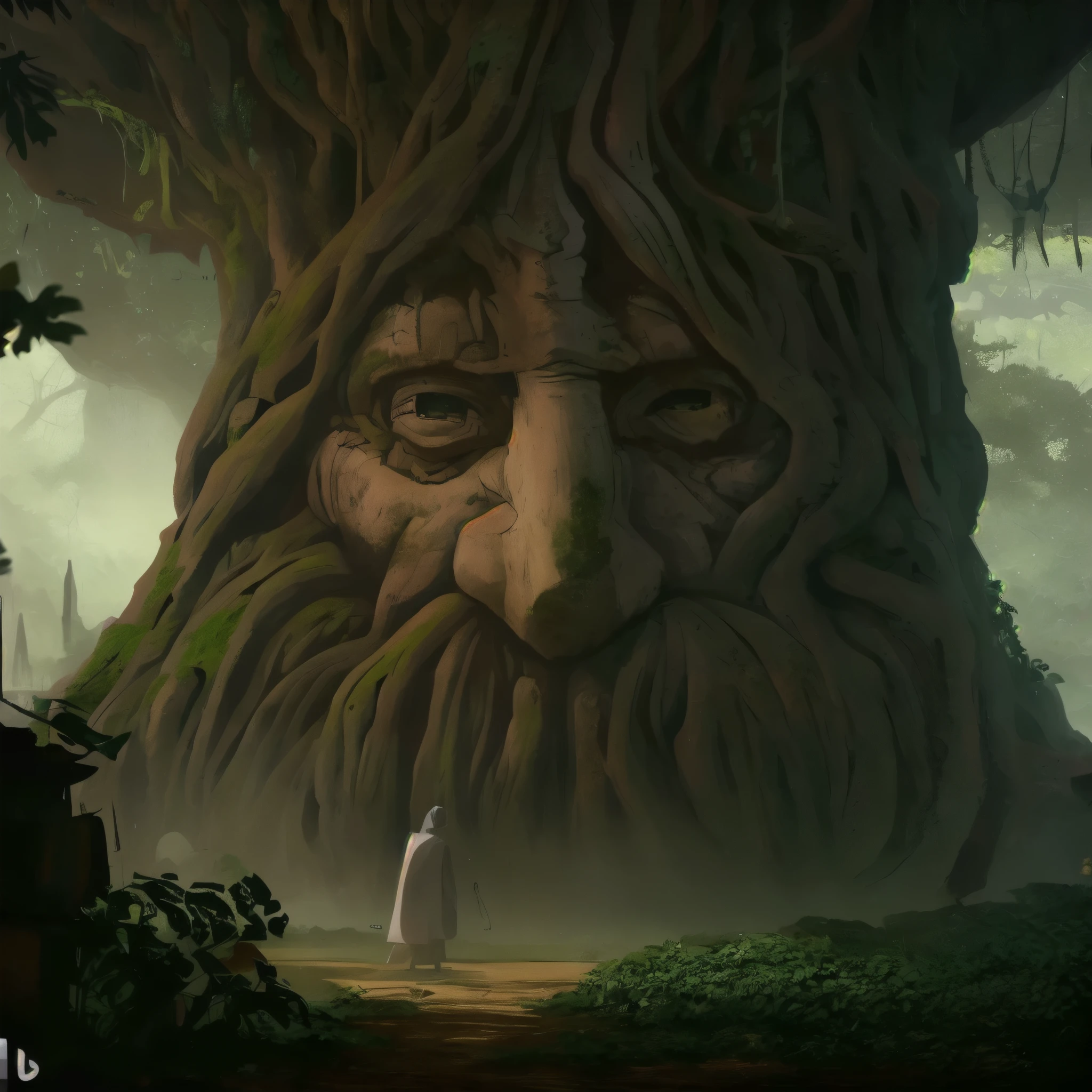 there is a man standing in front of a tree with a face on it, ents, old humanoid ents, ent, of an evil tree wizard, detailed digital 2d fantasy art, the oracle of trees, digital 2d fantasy art, ancient tree, fantasy art behance, treebeard, andreas rocha and john howe, detailed fantasy digital art, fantasy digital painting