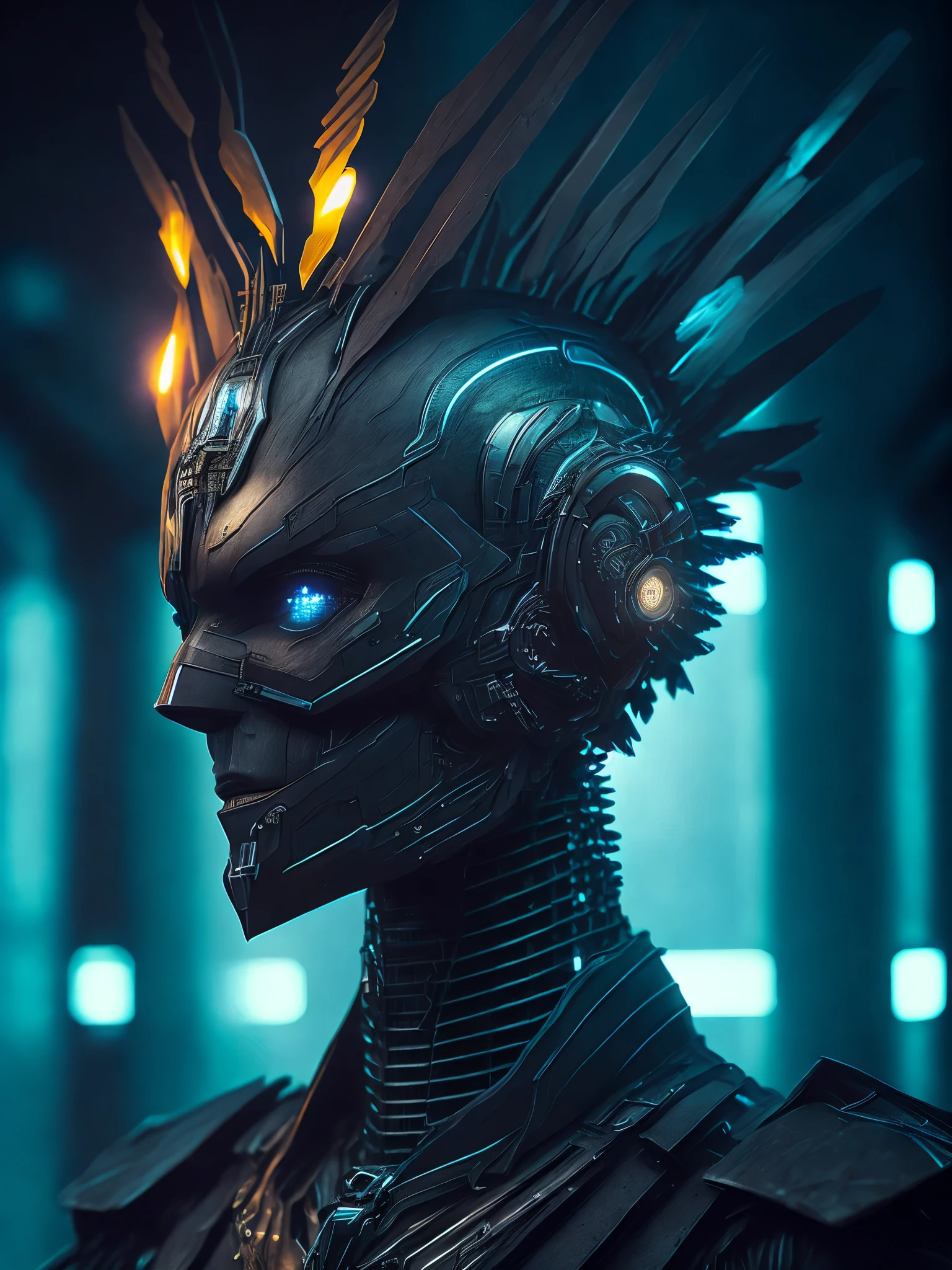 Gloomy portrait of non-human cybernetic feathered head from Marvel with intricate angular cybernetic implants inside a brutalist building, gothic abounded hospital, cyberpunk, award-winning photo, bokeh, smokey bright lights, cybernetic limb