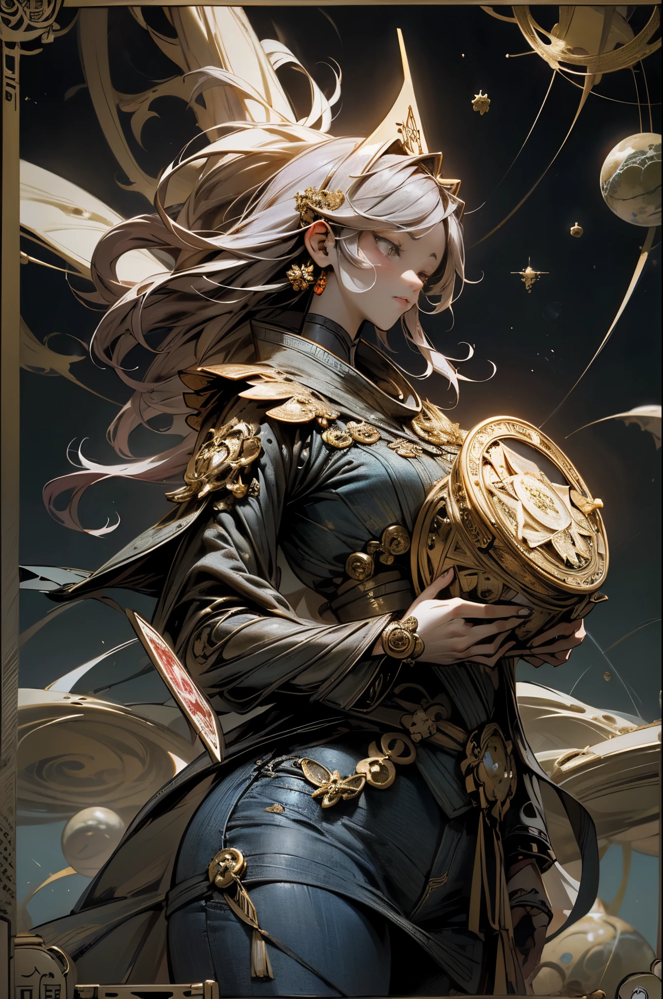 tarot cards,完整的tarot cards边框,(图像被tarot cards式边框包围:1.8), 1 giant,up,8k wallpaper,good quality eyes,right eye,right hand, Super detailed, Beautiful and beautiful, masterpiece, best quality, (fractal art: 1.3), dynamic angle,Mizore,stand,In ruins,Science fiction,Space warriors, denim lenses, The most beautiful form of chaos, brutalist design, Bright colors, , cyberpunk style,(background with:Large expanses of nebulae, Gaseous planet,Event horizon,infrared,binoculars,moons),Retro Style,(Zentangle,mandala,tangled,entangled), (fractal art: 1.3),Divine light,gold foil,gold foil艺术,Flash drawing,完整的tarot cards边框,(full bezel 1.5)