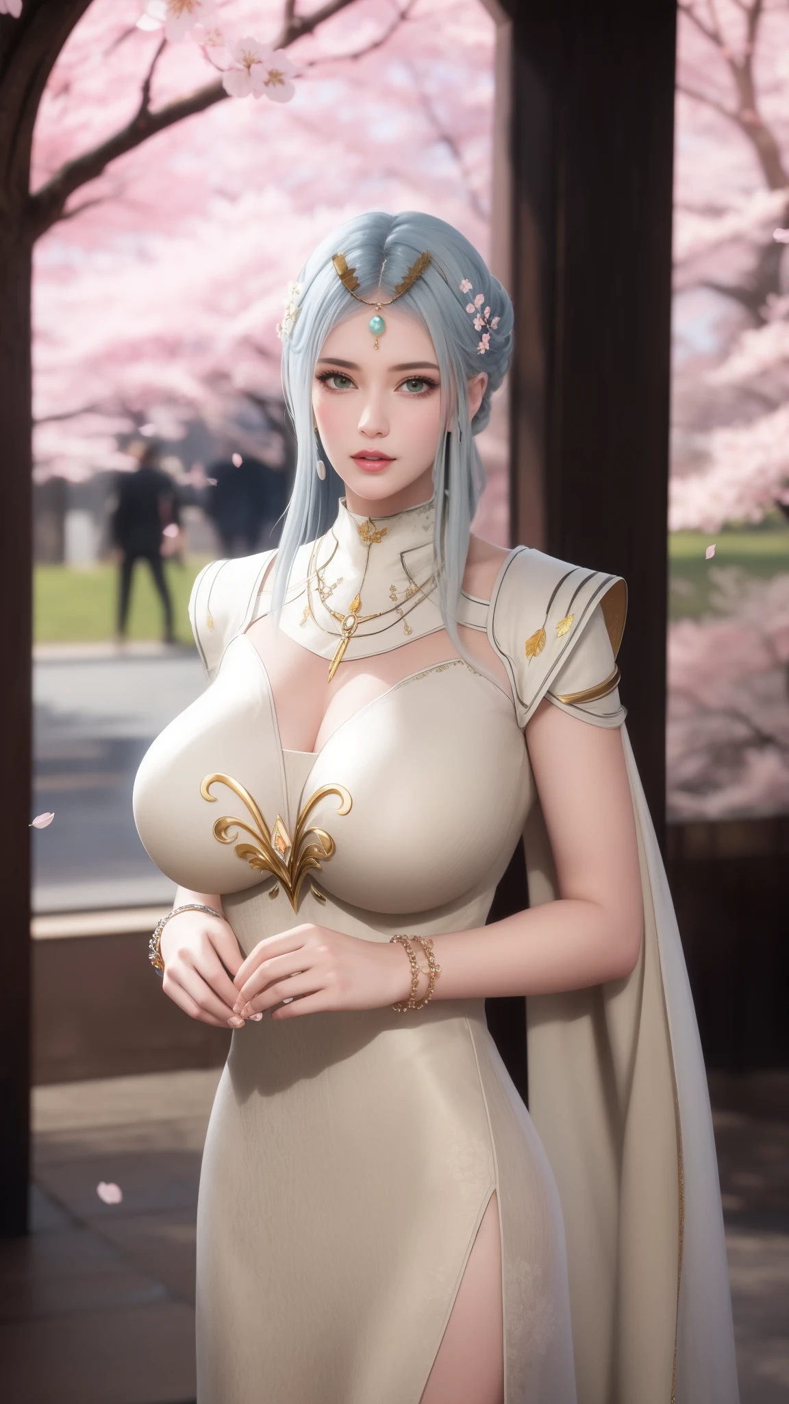 (,1 girl, Throw,best quality,masterpiece,  ) ,(((Cherry blossoms,,big breasts, Show breasts，exposing her chest  )))   Ultra-realistic 8k CG, flawless, Clean, masterpiece, professional artwork, famous artwork, Cinema lighting, bloom, perfect face, pretty face, fantasy, dreamlike, illusory, Science fiction, luxurious, jewelry, diamond, Kaneko, pearl, gem, 蓝gem, 红gem, emerald, intricate details, Exquisite pattern, charming, Tempting, Tempting, disciple, enchanting, hair accessories, necklace, earrings, bracelet, armband,halo,autumn leaves,Show breasts，exposing her chest，huge ，huge breasts
