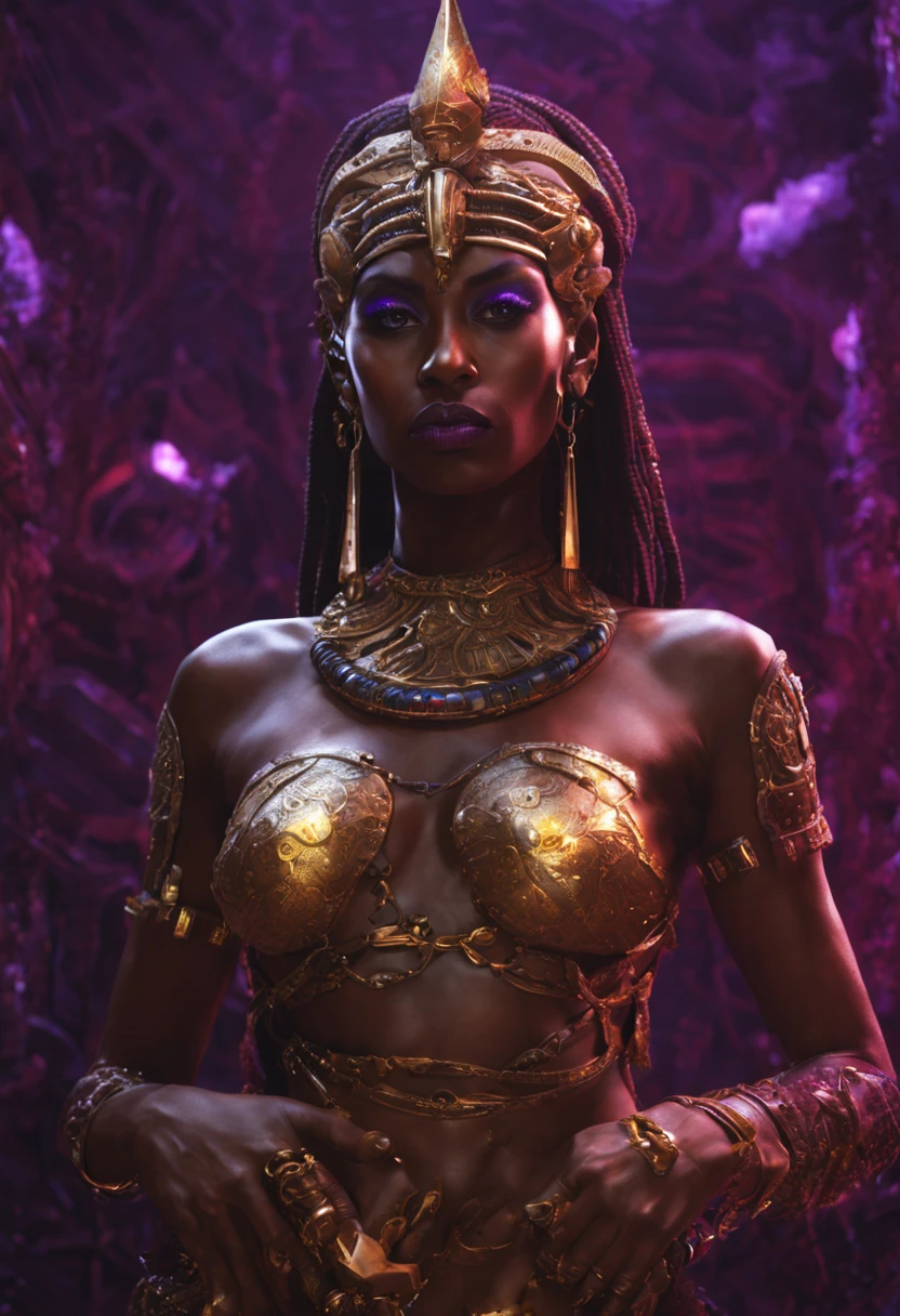 photorealistic, Kodak Gold 400MM film exotic dark-skinned Female Sexy Egypt God, Purple glowing eyes, Biomechanical, eerie, Creepy, nightmarish, Very bright colors, Light particles, with light glowing from hands, wearing a golden waist bracelet, she has firm small upright breast, full body nude, thick athletic body, Teardrop pubic hair trim Mshiff, wallpaper art, full body details, Armor full body, smoke, UHD wallpaper