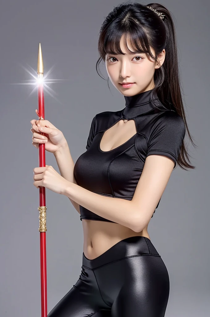 (masterpiece), (highest quality), (be familiar with), light layer, Glossy skin, (intricate be familiar with , tight clothes, , Demon Wing,hair ornaments :1.2), From above, black hair, black choker, long hair, princess cut, woman, dull bangs, side lock, red eyes, Quarterstaff held,hold a sickle,with a sword, (成熟したwoman:1.1), [No correction, NSFW, nipple], side ponytail  (simple background:1.1),  