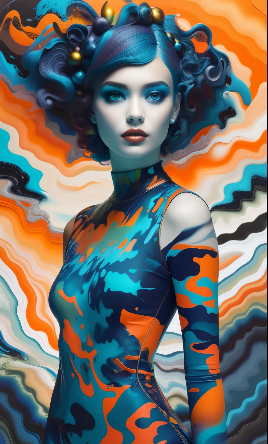 by Luis Duarte, closeup, beautiful sensual scandinavian woman in [fractal clouds jungle swamp] body suit, [Kuvshinov | van Gogh | Georges Barbier | Klimt | Geremy Mann | Giovanni Boldini | Afremov] heavy brushstrokes stained impasto oil, orange, cream, blue, fuchsia, bright green, vivid gradient colors 2d 3d relief tesselation mixed media vector fluid textured, Dark Influence, NijiExpress 3D v2, Oil painting, Ink v3, Splash style, Abstract Art,3D, High definition, Photo realistic, specified, Epic style, Illustrated v3, Deco Influence, Air Brush style, drawing, Niji Art
