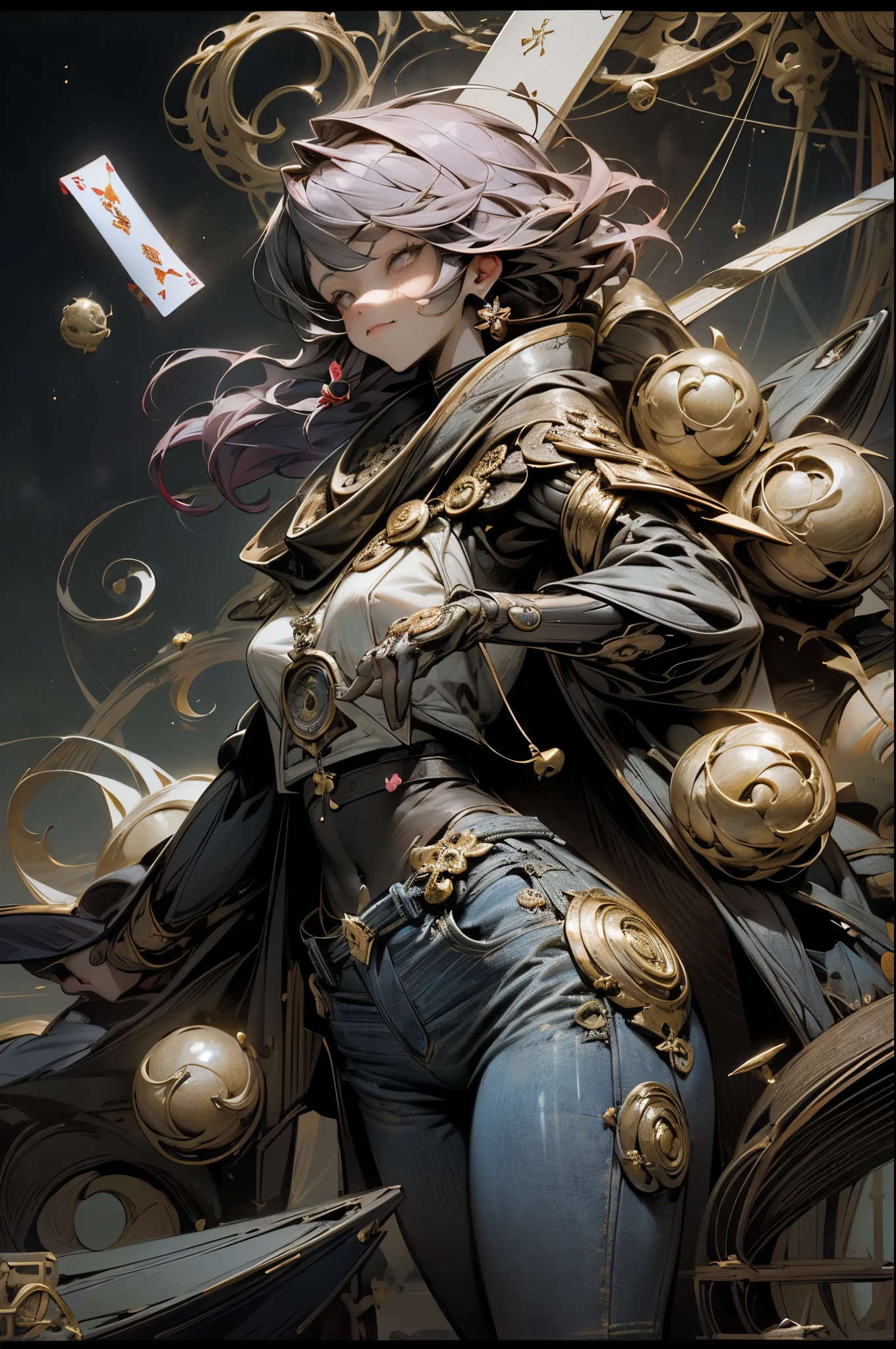 tarot cards，完整的tarot cards边框，(图像被tarot cards式边框包围:1.8), 1 giant，up，8k wallpaper,good quality eyes，right eye，right hand， Super detailed, Beautiful and beautiful, masterpiece, best quality, (fractal art: 1.3), dynamic angle，Mizore，stand，In ruins，Science fiction，Space warriors， denim lenses, The most beautiful form of chaos, brutalist design, Bright colors, , cyberpunk style，（background with：Large expanses of nebulae, Gaseous planet，Event horizon，infrared，binoculars，moons），Retro Style，（Zentangle，mandala，tangled，entangled）， (fractal art: 1.3)，Divine light，gold foil，gold foil艺术，Flash drawing，完整的tarot cards边框，（full bezel 1.5）