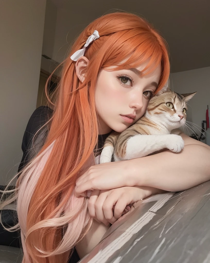 hay una mujer sosteniendo un gato y un gato en sus brazos, muy hermosa linda catgirl, she has long redpelo naranja, long pelo naranja, ulzzang, bella delfina, chica gato atractiva, hermosa joven gatita, el corte de hime, very long pelo naranja, Lalisa Manobal, con el pelo largo y rojo, pelo naranja