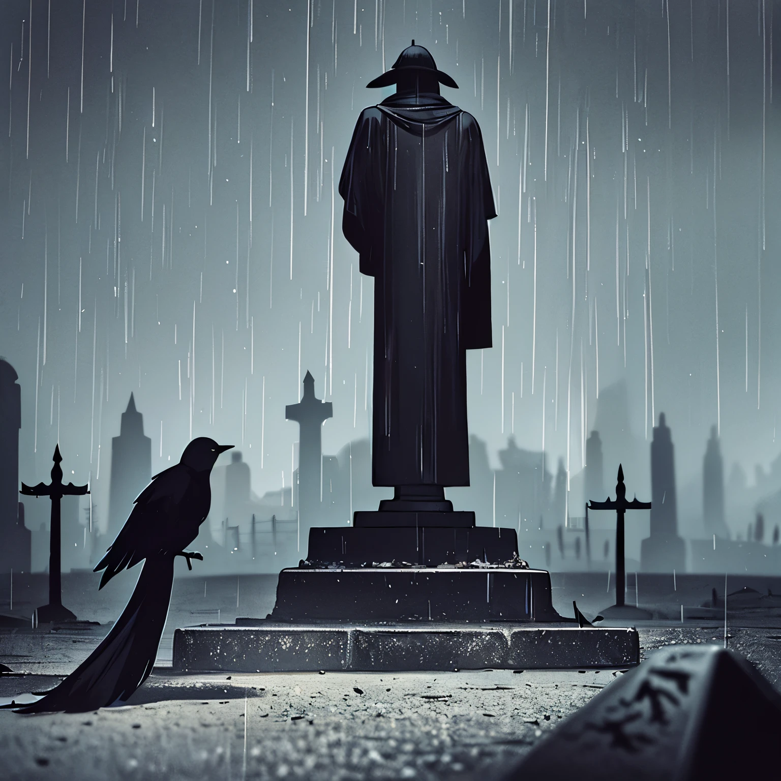 dark cemetery,Blurred back,Black umbrella fell to the ground,rain,The crow stands on the tombstone