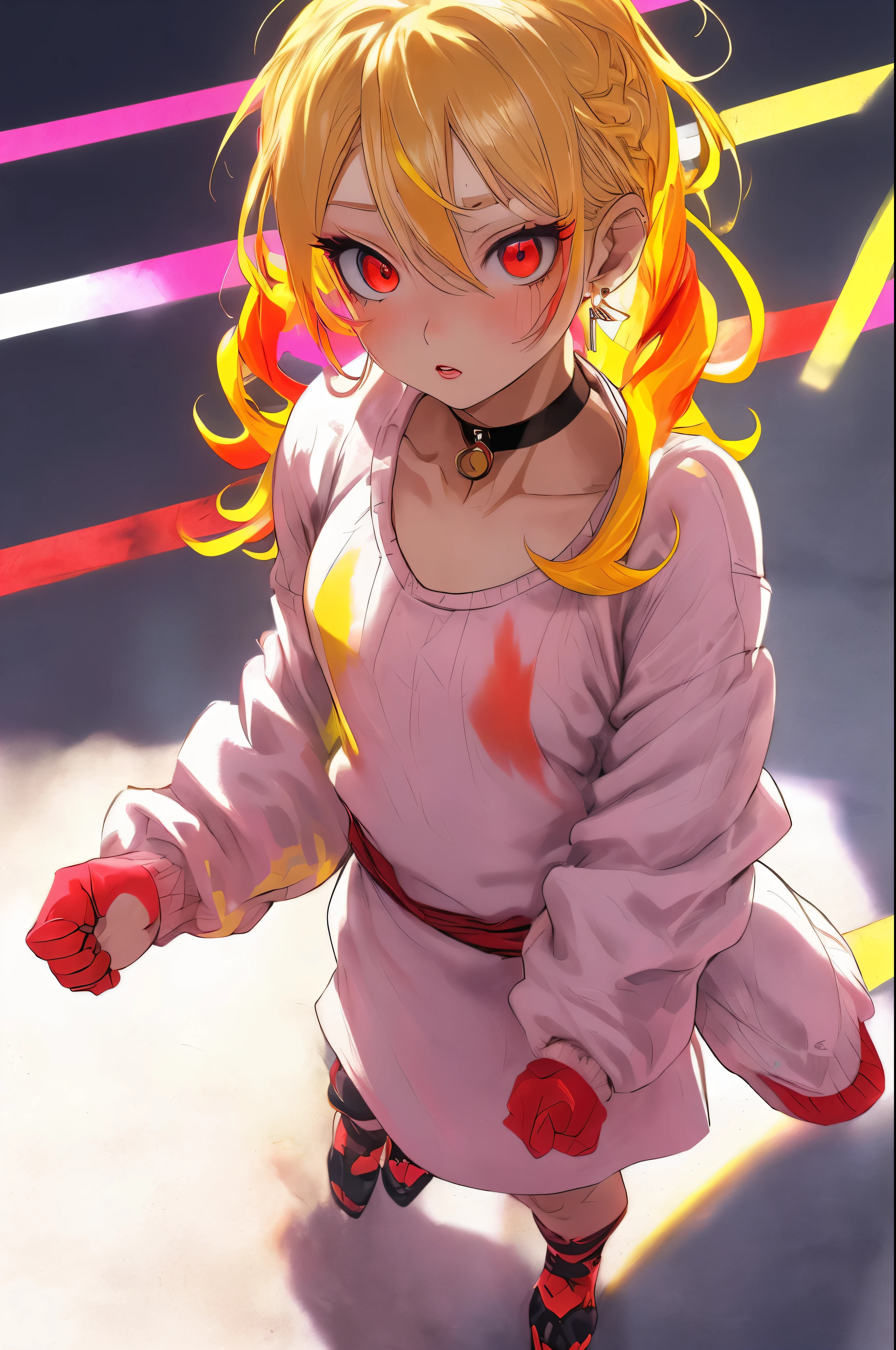 Upper body standing painting, yellow style, (1 ), (alone), (cent, small), long blonde hair, looking at the viewer, Blue eyes background, white background, gem, Jacket, golden hair、straight hair, right earring, red eyes, choker necklace, sweater, eyelash, cosmetics, curly, punching, lipstick, ear piercing, eye shadow, hoop earrings, Red-pink lips, multicolored eyes, Yellow theme, 赤いeye shadow,Wearing a rainbow-colored aura from the whole body、purplish color, outdoor, Purple background, Shadow lighting,Hands folded behind the waist,Decisive pose、Detailed CG, (perfect hands, perfect anatomy