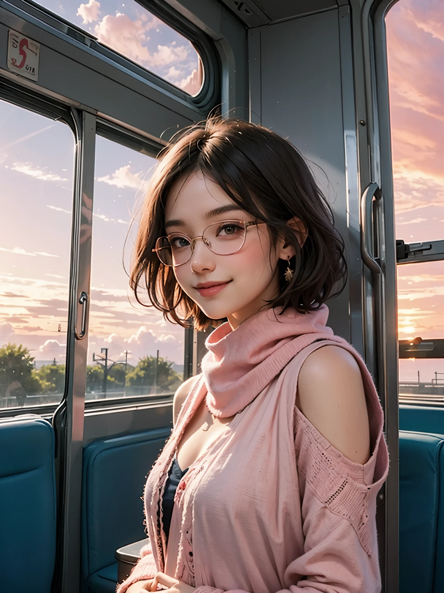 Train, sunset, ((pink clouds)), blue sundress, shawl, train, window, shoulders, smiling, glasses, short hairs, brunette