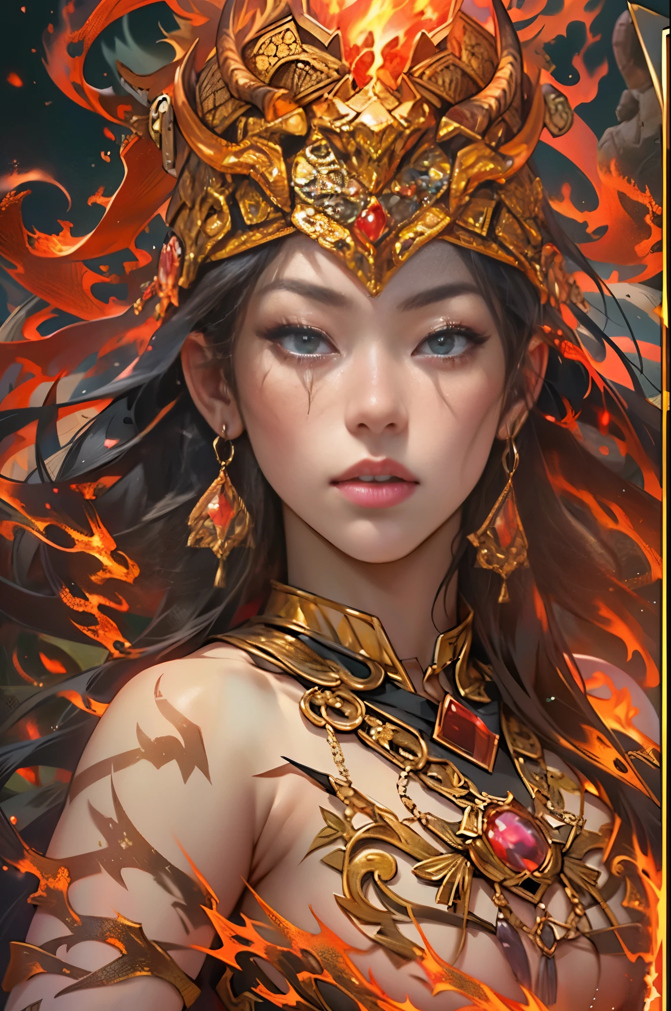 （masterpiece，top quality，best quality，official art，Beautiful and beautiful：1.2），Scene depicting Goddess of War in hell with horned red burning demon，She is a great giant，she is a lovely princess，she is a strong warrior，flame，lightning in sky，magma，At the foot of the mountain，mountains in the distance，(theelementoffire:1.4)，现实的flame，Highly realistic，correct anatomy，full-body shot，convex，cute big breasts，violent house，，Plum，longing unsatisfied，only genitalia， camel toe，Sexy gesture，，Sex huge breasts cleavage， onlyfoot，Sexy gesture，fist to flesh，（Zentangle，mandala，tangled，entangled）（Hairy and fleshy，only ，），married woman，熟妇，delicate face，美丽delicate eyes，correct anatomy，Detailed face, delicate eyes，Divine light，gold foil，gold foil艺术，Deep background，absurd，marvelous and unbelievable，epic work，(intricate details，Ultra-detailed:1.2)，Super real photos, epic reality,  ((neutral color)),(pastel colors:1.2), surreal, + lens + dynamic composition, Extremely detailed, sharpen, Normal, warm light, Light effect, dramatic light, (intricate details:1.1), complex background, (greg rutkovsky:0.8),  (black and red:0.4），