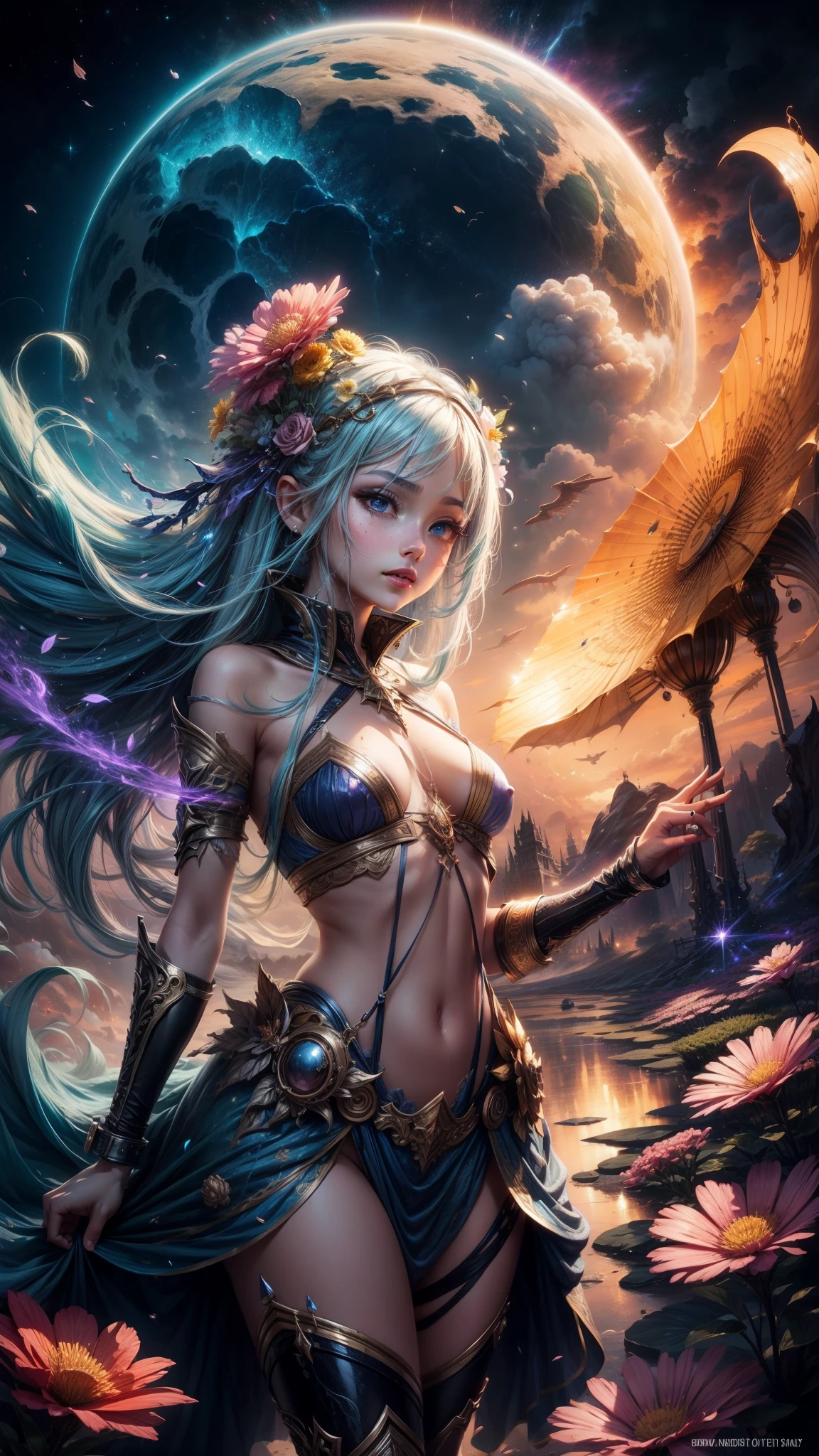 "((Fantasy art)) featuring an alien girl immersed in a celestial symphony, clouds transforming into vibrant splashes, flowers scattered like notes in the wind, a visual orchestration of color and wonder"