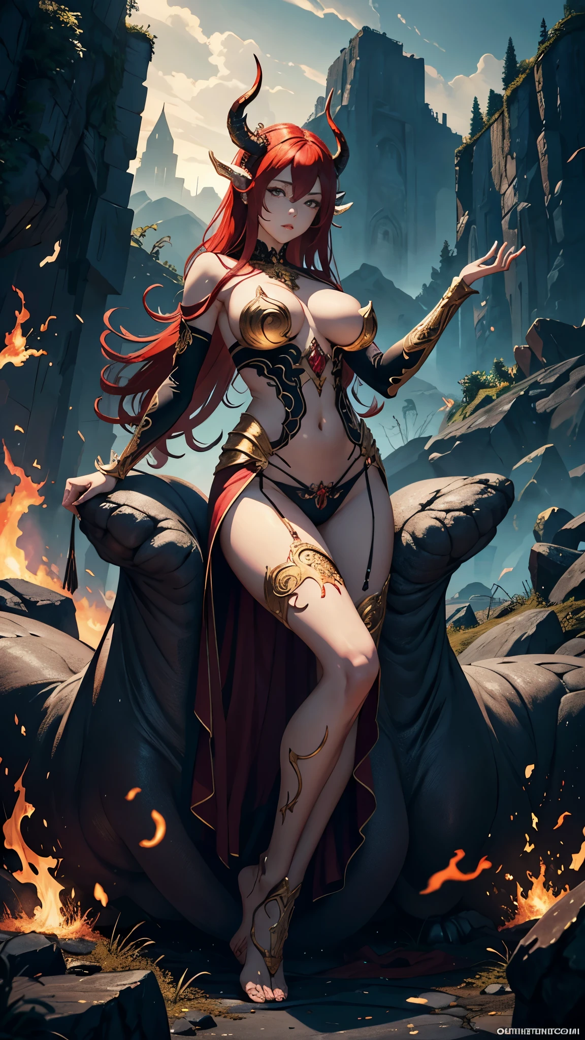 (masterpiece,top quality,best quality,official art,Beautiful and beautiful:1.2),Scene depicting Goddess of War in hell with horned red burning demon,She is a great giant,she is a lovely princess,she is a strong warrior,flame,lightning in sky,magma,At the foot of the mountain,mountains in the distance,(theelementoffire:1.4),现实的flame,Highly realistic,correct anatomy,full-body shot,convex,cute big breasts,violent house,,Plum,longing unsatisfied,only genitalia, camel toe,Sexy gesture,,Sex huge breasts cleavage, onlyfoot,Sexy gesture,fist to flesh,(Zentangle,mandala,tangled,entangled)(Hairy and fleshy,only ,),married woman,熟妇,delicate face,美丽delicate eyes,correct anatomy,Detailed face, delicate eyes,Divine light,gold foil,gold foil艺术,Deep background,absurd,marvelous and unbelievable,epic work,(intricate details,Ultra-detailed:1.2),Super real photos, epic reality, ((neutral color)),(pastel colors:1.2), surreal, + lens + dynamic composition, Extremely detailed, sharpen, Normal, warm light, Light effect, dramatic light, (intricate details:1.1), complex background, (greg rutkovsky:0.8), (black and red:0.4),