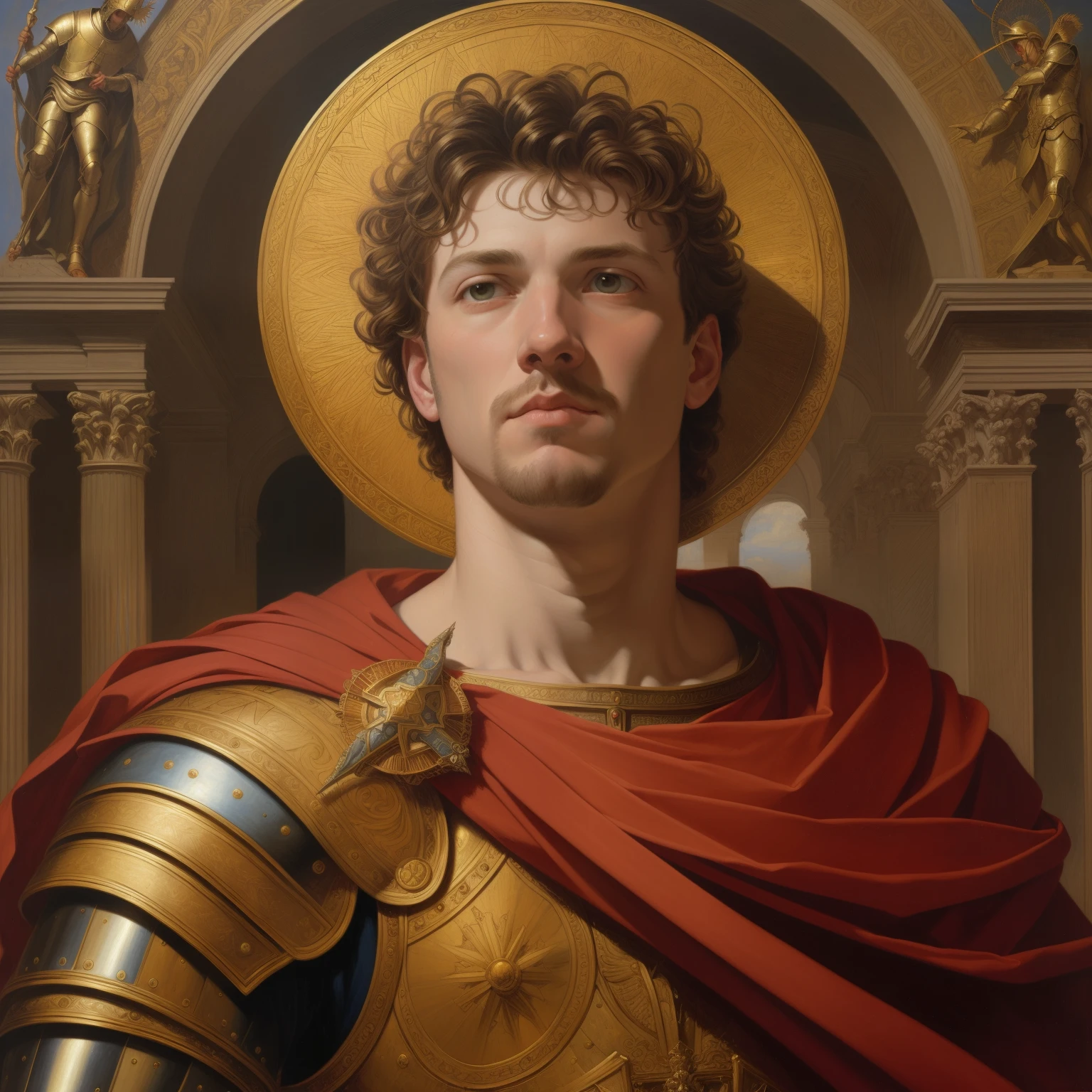 blurred image of a man in armor with a golden halo, retrato de santo da cova, pintura digital renascentista, by Pogus Cesar, inspirado em Augustus Dunbier, art station masterpiece, retrato gracioso santo, inspirado em Roman Bezpalkiv, caravaggio e artgerm, Direction: Dino Valls, hiperdetalhado | Donato Giancola, Alexandre