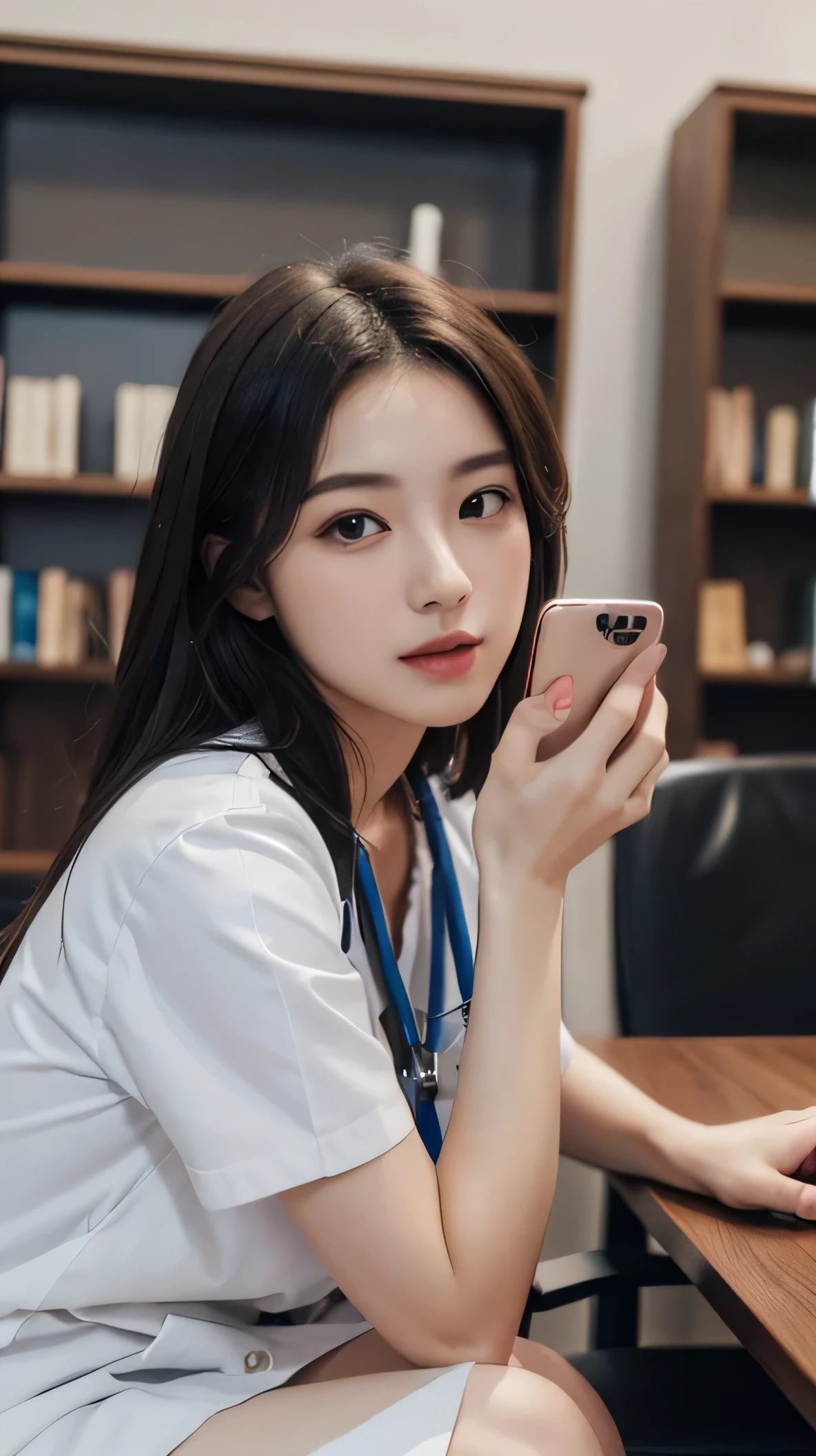 8K, highest quality, masterpiece, realistic, ultra detail, photo realistic, Improvement of quality, Generate a full-body portrait of a person sitting in a hospital library and taking a selfie with a smartphone..。wear a nurse&#39;Uniforms , photo bash, calm face,  beauty of nature, close up shot,Show full-body fashion,sit cross-legged on a bar chair,High quality portrait beautiful delicate face, Photorealistic beautiful face,