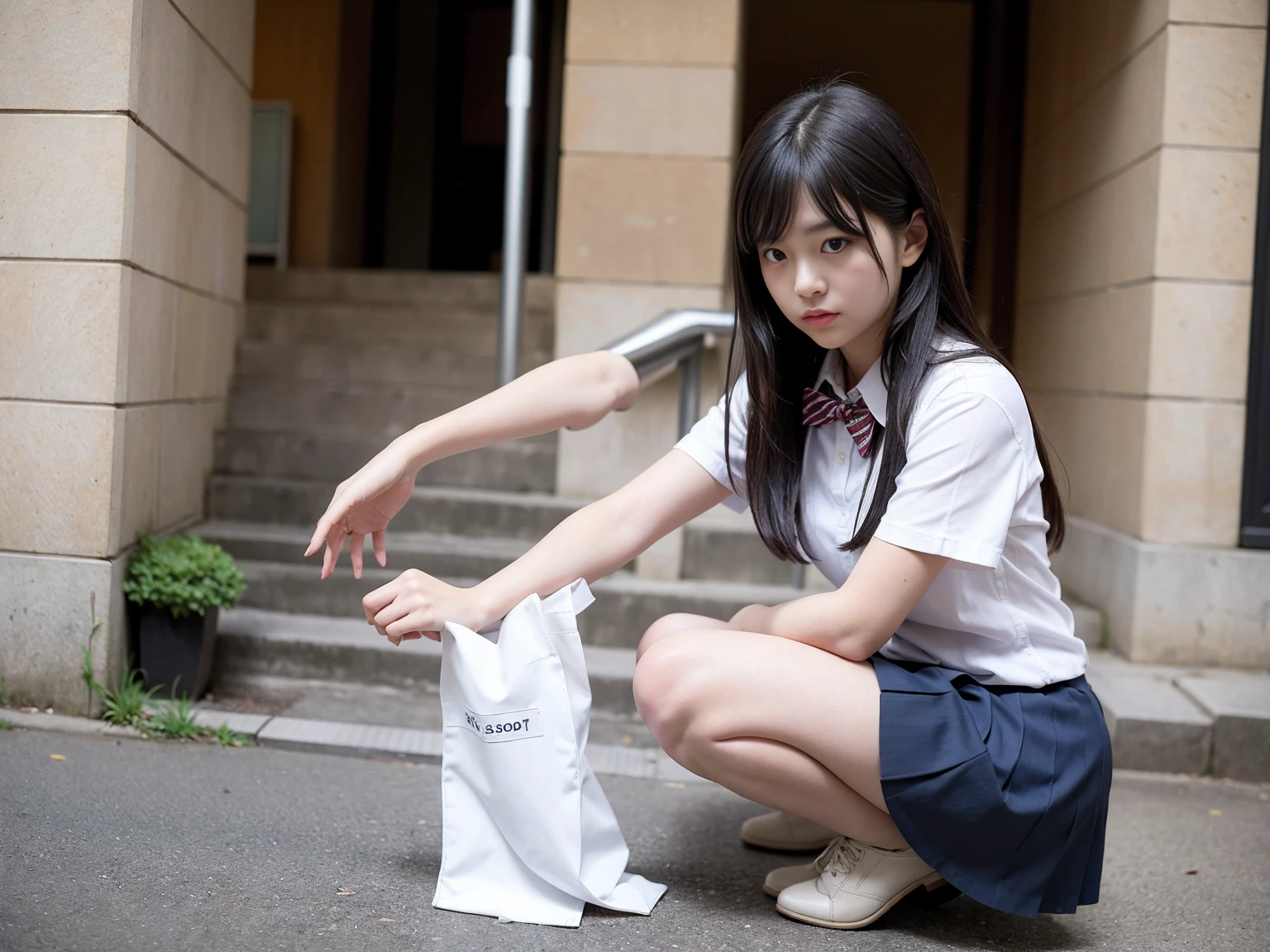 ((Full body photo)),full shot,baby face,beautiful white skin,5 very young fair-skinned slender Japanese beautiful girls,showing white tennis knickers,white see-through dress and white scanty,very short white pleated miniskirt,high heels,standing on tiptoe,hand between legs,Screaming in trouble and looking like she's about to cry,looking at another,from quite below,best quality,ultra-detailed,high resolution,Photographed from a distance,flooring room