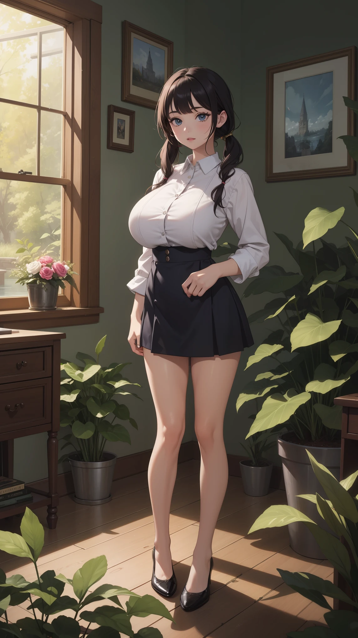 anime female character in dress with short skirt, 
BREAK
, Keqing_a, twintails, (Beautiful,Huge_Breasts:1.3), milf,
BREAK
, 1girl, solo, Standing in the garden, full body, full figure,
BREAK
, A breathtakingly beautiful garden filled with vibrant flowers, lush green plants, and a crystal-clear pond. The air is filled with the sweet scent of blooming flowers, and rays of golden sunlight gently filter through the leaves, creating a magical atmosphere, 
BREAK
, Keqing_a, short skirt, mini skirt, dress, high thigh, 

BREAK
, beautiful detailed eyes, beautiful detailed lips, extremely detailed eyes and face, long eyelashes,
BREAK
, medium: oil painting, atmospheric lighting, dreamy color palette, detailed interior decoration, quiet and peaceful ambiance,
BREAK
, (best quality,4k,8k,highres,masterpiece:1.2), ultra-detailed,