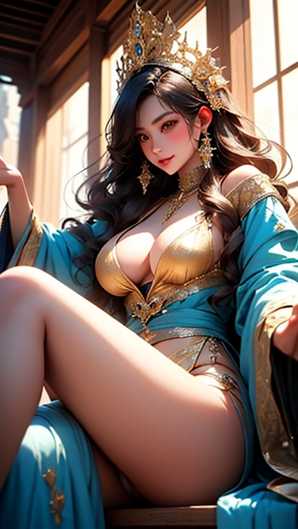 ((best quality)), ((master piece)), (detailed:1.4), 3D, Beautiful female figure,HDR(high dynamic range),ray tracing,NVIDIA RTX,super resolution,unreal 5,Scattered beneath the surface、PBR texture、post-processed、anisotropic filtering、Depth of bounds written、Maximum clarity and sharpness、multilayer texture、Albedo and specular maps、surface coloring、Accurate simulation of light-matter interactions、perfectly proportioned、octane rendering、two color light、Large Diameter、Low ISO、White balance、Rule of thirds、8K students、 ((Beautiful, delicate and luxurious composition with slits and jewels scattered all over the body.、A lovely woman wearing an elaborate maid costume, a beautiful, delicate and gorgeous blue and gold costume.))、(Very cute beautiful sexy beautiful girl、very cute beautiful erotic beautiful girl)、 (Very cute Japan woman、very beautiful Japanese woman、famous idol、Japanese woman with a very beautiful face、Japanese woman with a very cute face)、Perfectly proportioned like a gravure idol、Dazzling super beautiful super long blonde silky hair、wavy hair、big chest、have bangs、E cup、beautiful 22 years old、Cute smile、shy smile、full body photo、 (Big, beautiful, shining blue eyes、Wet)、((Composition showing the panties of sitting underwear from the front))、((Composition of a woman who is sitting, lifting her breasts with both arms, and opening her legs wide so that her underwear panties can be seen from the front.))
