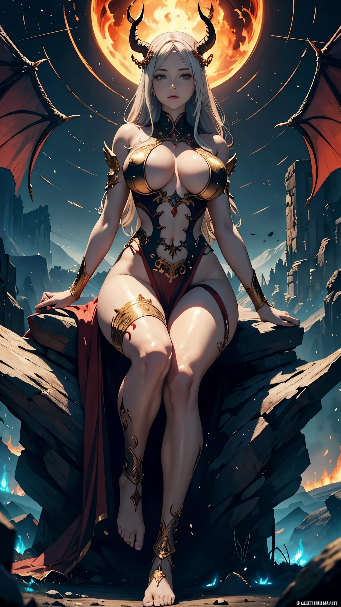 （masterpiece，top quality，best quality，official art，Beautiful and beautiful：1.2），Scene depicting Goddess of War in hell with horned red burning demon，She is a great giant，she is a lovely princess，she is a strong warrior，flame，lightning in sky，magma，At the foot of the mountain，mountains in the distance，(theelementoffire:1.4)，现实的flame，Highly realistic，correct anatomy，full-body shot，convex，cute big breasts，violent house，，Plum，longing unsatisfied，only genitalia， camel toe，Sexy gesture，，Sex huge breasts cleavage， onlyfoot，Sexy gesture，fist to flesh，（Zentangle，mandala，tangled，entangled）（Hairy and fleshy，only ，），married woman，熟妇，delicate face，美丽delicate eyes，correct anatomy，Detailed face, delicate eyes，Divine light，gold foil，gold foil艺术，Deep background，absurd，marvelous and unbelievable，epic work，(intricate details，Ultra-detailed:1.2)，Super real photos, epic reality,  ((neutral color)),(pastel colors:1.2), surreal, + lens + dynamic composition, Extremely detailed, sharpen, Normal, warm light, Light effect, dramatic light, (intricate details:1.1), complex background, (greg rutkovsky:0.8),  (black and red:0.4），