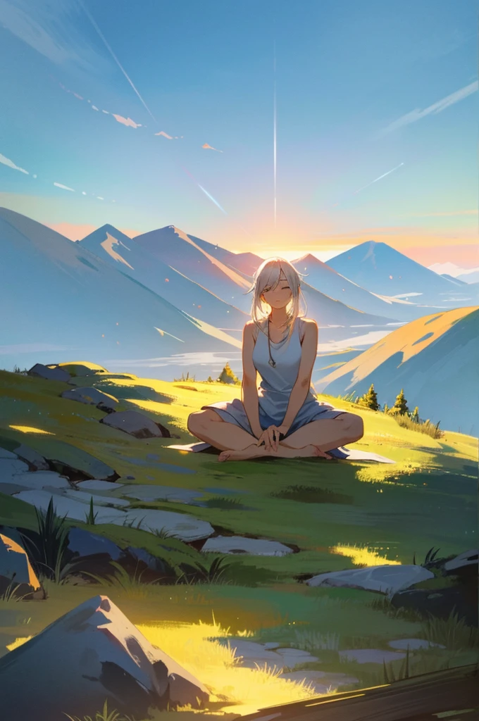 Create an image of a person meditating in a stunning landscape, This art needs great lighting