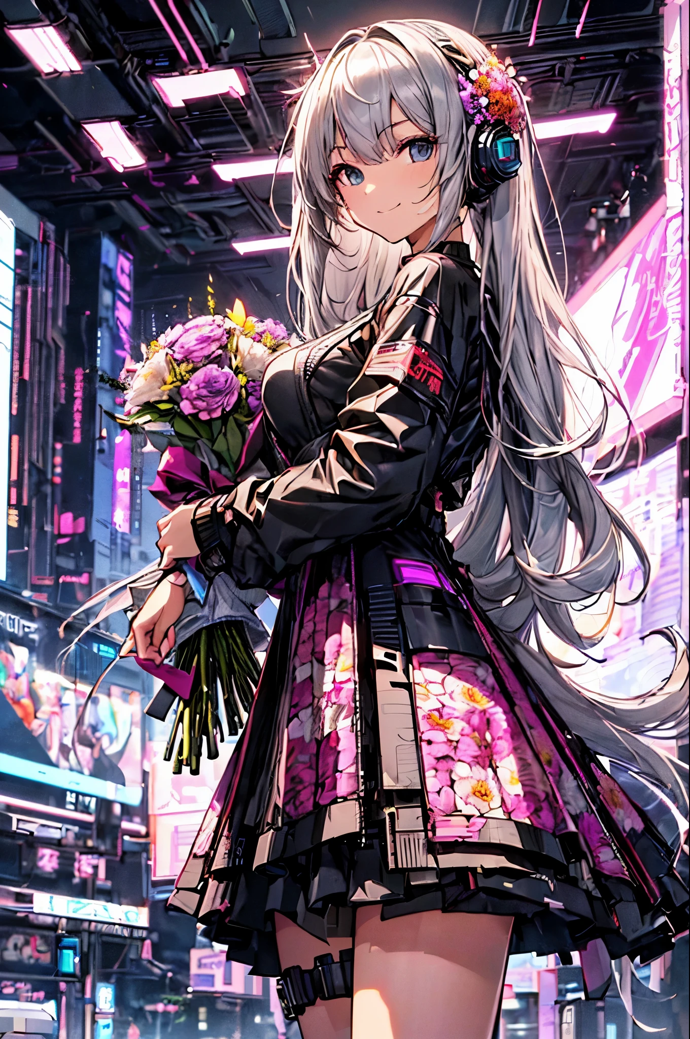 4k、best image quality,excellent details,hyper quality skin、ultra high resolution,(fidelity:1.4),best illustrations,focus on details,(official art, beautiful and aesthetic:1.2),
1 girl, (long silver hair、bangs are black:1.2), wavy hair, smile, (sexy cyberpunk android costume:1.2)、Android from the neck down、I will give you a bouquet of flowers、Pick up various bouquets、
(I will give you a bouquet of flowers:1.6), (fancy futuristic background:1.1),