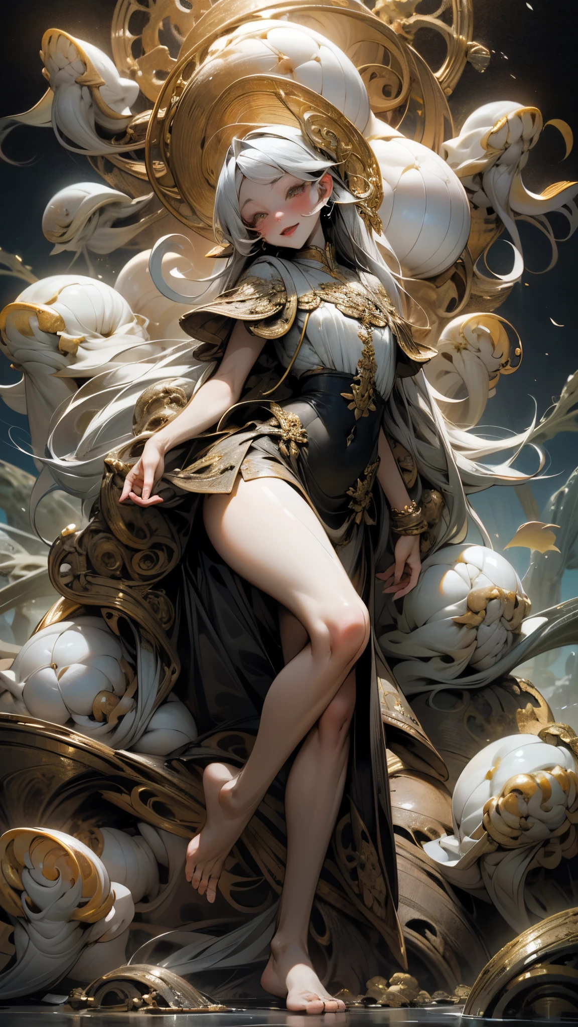 black woman ahgao,silver hair,a heartwarming smile,thick lips,elongated eyes,charming eyes,(Beautiful and detailed eye descriptions),snow white skin,Mature,red lips(Very delicate and beautiful),Super detailed,masterpiece,))smile happily,open mouth,barefoot,without wearing shoes,In the depths of the ocean,(((masterpiece),(Very detailed CG unity 8k wallpaper)),best quality,light,detailed background,Sexy gesture,(Correct face shape 1.6)(wear:Red suspender dress,soaked,metal trim,skirt,),飘逸的skirt,Exposing arms,(background with:Ruins of Atlantis,),(at your feet:Destroyed buildings,)Deep background,marvelous and unbelievable,epic work,(intricate details,Ultra-detailed:1.2),art station,(masterpiece,best quality)Surrealism, shadow, relief, Stereo view, perspective, 影院light, 8k, Super details, precise, best quality, high resolution, Award-winning, anatomically correct,sea water foam, bubble, shell, fish, pearl,Nautilus,plant,jellyfish,coral,Retro Style,(Zentangle,mandala,tangled,entangled), (fractal art: 1.3),Divine light,gold foil,gold foil艺术,Flash drawing,