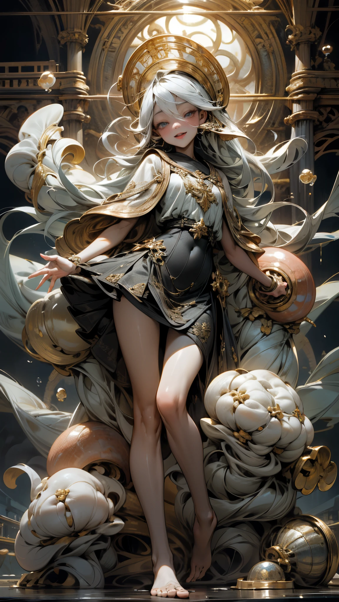 black woman ahgao,silver hair,a heartwarming smile,thick lips,elongated eyes,charming eyes,(Beautiful and detailed eye descriptions),snow white skin,Mature,red lips(Very delicate and beautiful),Super detailed,masterpiece,))smile happily,open mouth,barefoot,without wearing shoes,In the depths of the ocean,(((masterpiece),(Very detailed CG unity 8k wallpaper)),best quality,light,detailed background,Sexy gesture,(Correct face shape 1.6)(wear:Red suspender dress,soaked,metal trim,skirt,),飘逸的skirt,Exposing arms,(background with:Ruins of Atlantis,),(at your feet:Destroyed buildings,)Deep background,marvelous and unbelievable,epic work,(intricate details,Ultra-detailed:1.2),art station,(masterpiece,best quality)Surrealism, shadow, relief, Stereo view, perspective, 影院light, 8k, Super details, precise, best quality, high resolution, Award-winning, anatomically correct,sea water foam, bubble, shell, fish, pearl,Nautilus,plant,jellyfish,coral,Retro Style,(Zentangle,mandala,tangled,entangled), (fractal art: 1.3),Divine light,gold foil,gold foil艺术,Flash drawing,
