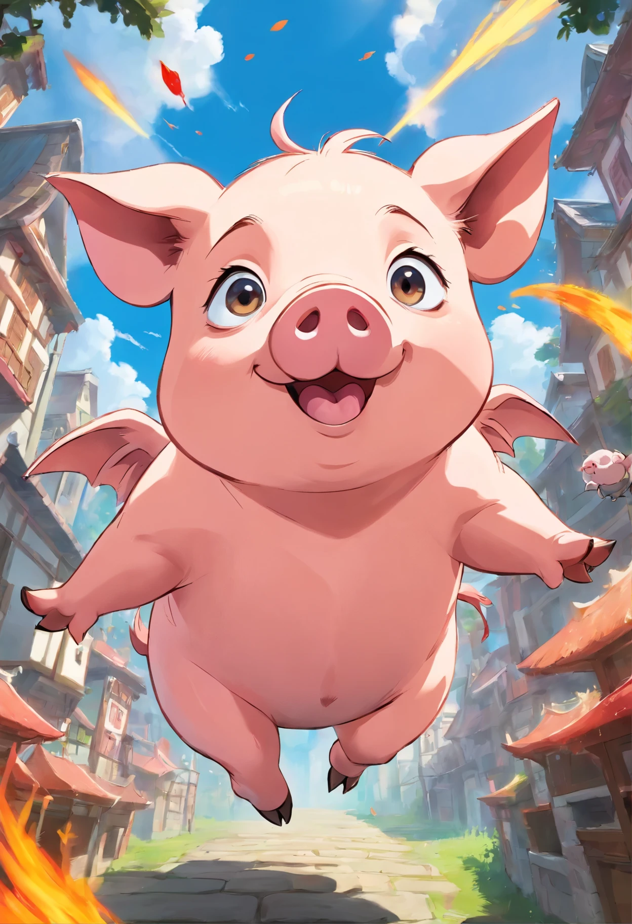 A pig，Exaggerated pig with big eyes,Crazy zoo style， porcine animals, flying pig, Cute little piglet,wing，The feathers are colorful，There are flames all around