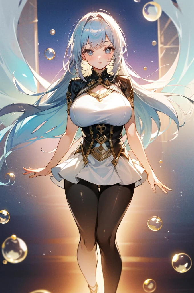 (((exquisite))) Openwork tights, High-quality details, flowing, dynamic, (1 female), bright eyes, full of energy, Captivating front and back, Silk texture, Produces a high-quality texture, huge bubbles, soft light, full of reality, Now、This girl is in a fantasy world.