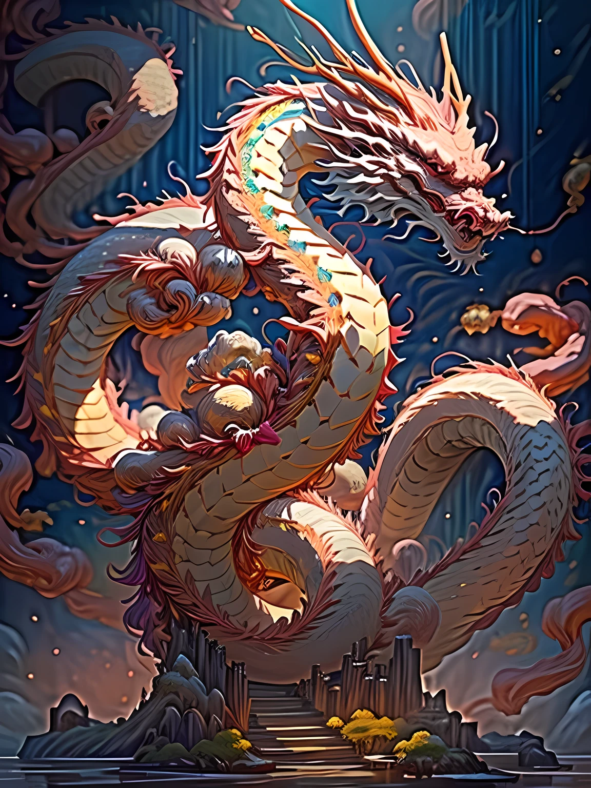 (more detailed), disorganized, 8K UHD, (A majestic and gentle Chinese dragon:1.3), (one head, One body:1.3), deep い is written in the depth of the world, surreal, amazing detailed touches, taken with a movie camera, (golden chinese dragon rising to the sky:1.3), (high resolution chinese dragon:1.3), It is truly a dragon god and a divine object., elegant, grand epic fantasy, traditional chinese atmosphere, Everything is beautiful and magnificent worldview, The perfect blend of fantasy and reality, Like coiling and ascending to the sky, in the bright white light, (Long snake-like body with carp-like scales:1.2), Deer-like horns, lion-like mane, long beard like a catfish