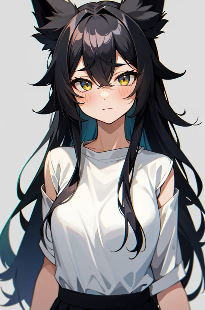 1 girl, animal_ear_fluff, animal_ears, 前hair, just_shoulder, black_hair, blush, chest, cin_ears, closed_mouth, Eyebrow_appear_through_hair, green_eye, gray_background, hair_between_eye, Khalil_(Princess_Connecting!), length_hair, looking for_in_viewer, Moderate_chest, colorful_hair, shirt, simple_background, No sleeve, No sleeve_shirt, 一人in, upper_body, white_background, white_shirt, 