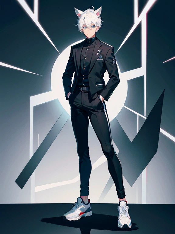 （boys，sports student，Handsome boy，************，cute，animal ears，white hair，）（Upper body black sports jacket，Tight black pants on legs，white sneakers，standing posture，）
best quality，full body character