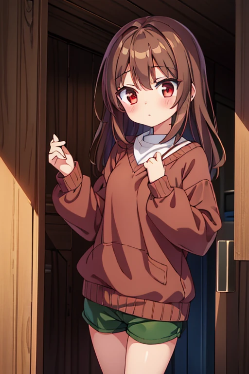 About 9 ~ 16 year old girl，red eyes，brown hair，white skin，Wear a green sweater，brown shorts，There is a blush，Two-dimensional style，Prepare to commit suicide，Poison in hand