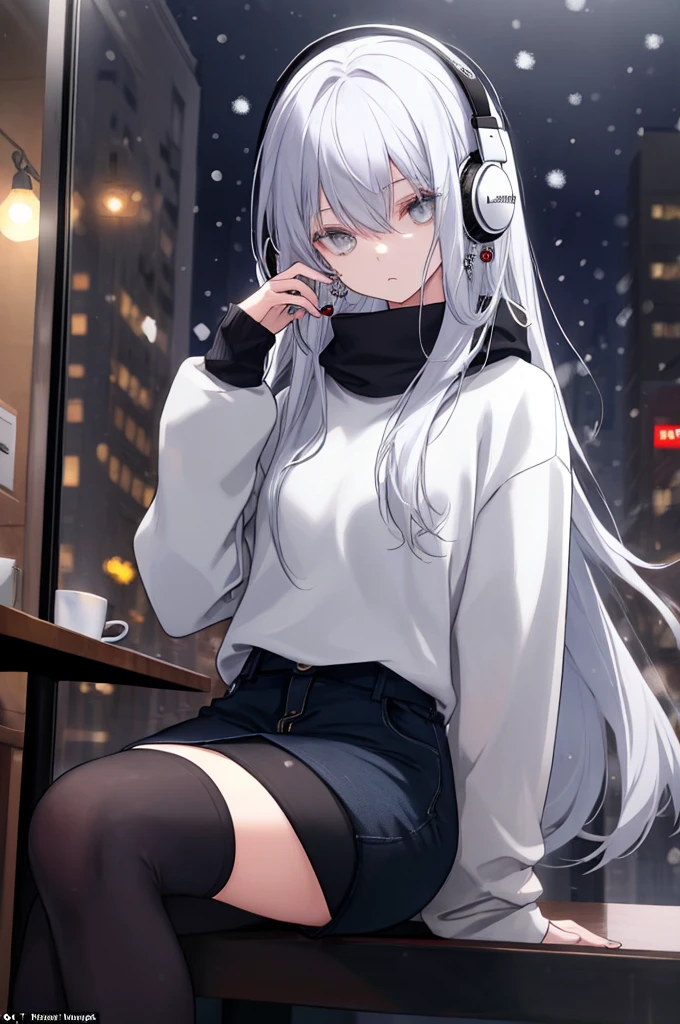 ((masterpiece:1.4, best quality:1.2)), 1girl, solo focus, beautiful skin, sweatshirt, long white hair, grey eyes, black legwear, sitting, earrings, piercing, coffee shop window, night, snowing, cityscape, tall female, beautiful and delicate female, comfy ambience, {correct posing}, {detailed background}, a miniskirt, headphones on the head