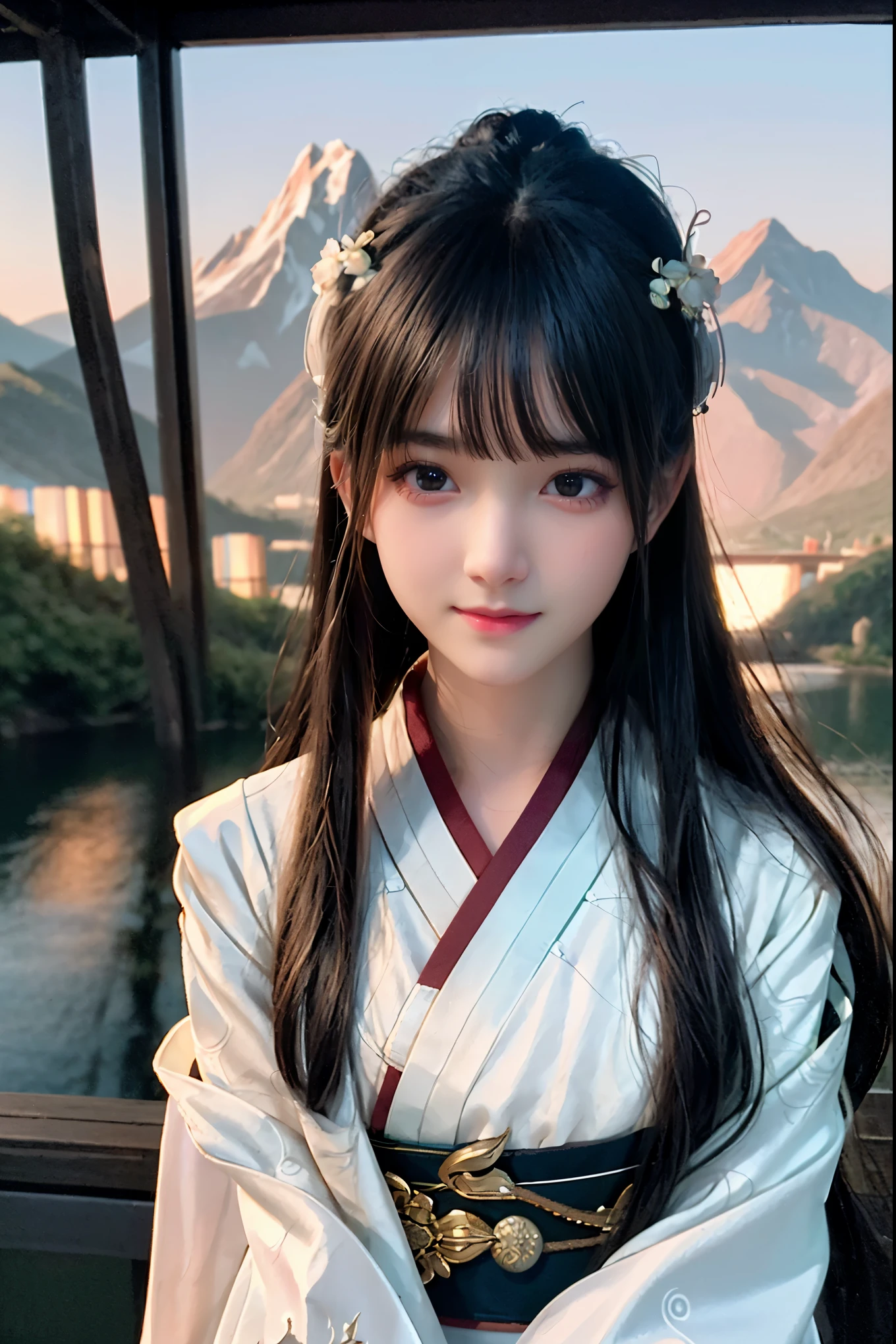 best quality, masterpiece, highres,, 1girl, Detailed face, (Upper body:1.6), Cyber cities, mountains and rivers, night, firefly lights, Realistic, rich in detail, (White hanfu:1.2), (beautiful body:1.4),