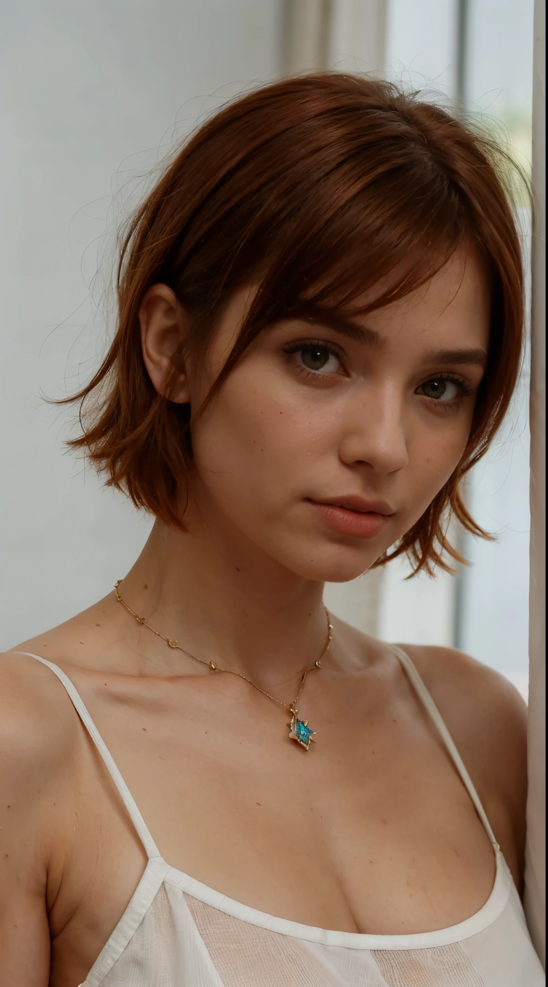 (perfect lighting, Perspectiva perfeita, 8k raw,Russian girl, Russian traits, natural red hair,1girl, maxilar bonito, Alto detalhado, peitos perfeitos, realistic, 8k raw,rosto detalhado, Red hair, olhando para o espectador, jewelry, (franja) sardas (olhos azuis) cabelo curto, corpo inteiro, short hair style, short red hair style) caminho, celebridade, paparazzi tirando fotos,
