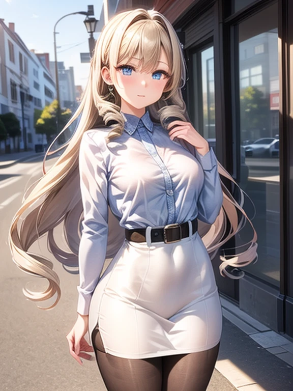 1 female, black hair, Blue Pupils, delicate face, cute, Love Earrings, white dress, Stand in front of the police station, surreal