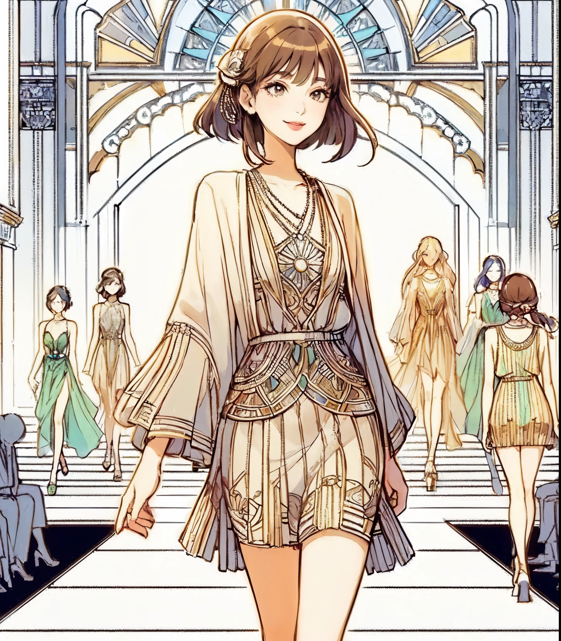 1lady solo, (contrapposto:1.2) on central stage, model, (chic dress) stylish outfit, mature female, /(black hair/) bangs, elegantly smile, (masterpiece best quality:1.2) delicate illustration ultra-detailed, medium breasts BREAK (Art Deco style dress:1.2) (geometric pattern:1.2), simple, minimal decoration BREAK (fashion show:1.2) (bustling venue indoors), (Art Deco style:1.2), spotlight, audience, detailed background