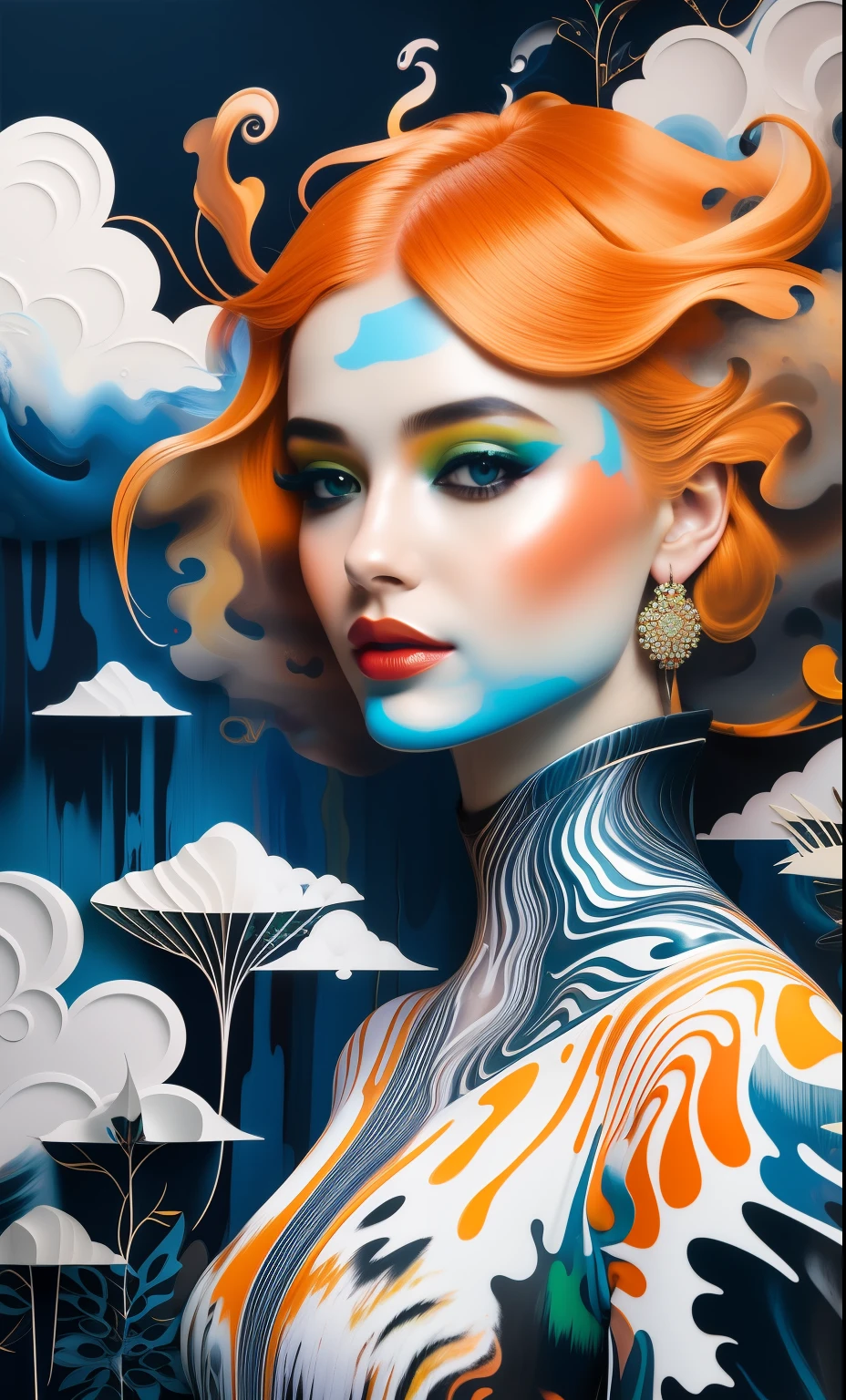 by Luis Duarte, closeup, beautiful sensual scandinavian woman in [fractal clouds jungle swamp] body suit, [Kuvshinov | van Gogh | Georges Barbier | Klimt | Geremy Mann | Giovanni Boldini | Afremov] heavy brushstrokes stained impasto oil, orange, cream, blue, fuchsia, bright green, vivid gradient colors 2d 3d relief tesselation mixed media vector fluid textured, Dark Influence, NijiExpress 3D v2, Oil painting, Ink v3, Splash style, Abstract Art,3D, High definition, Photo realistic, specified, Epic style, Illustrated v3, Deco Influence, Air Brush style, drawing, Niji Art