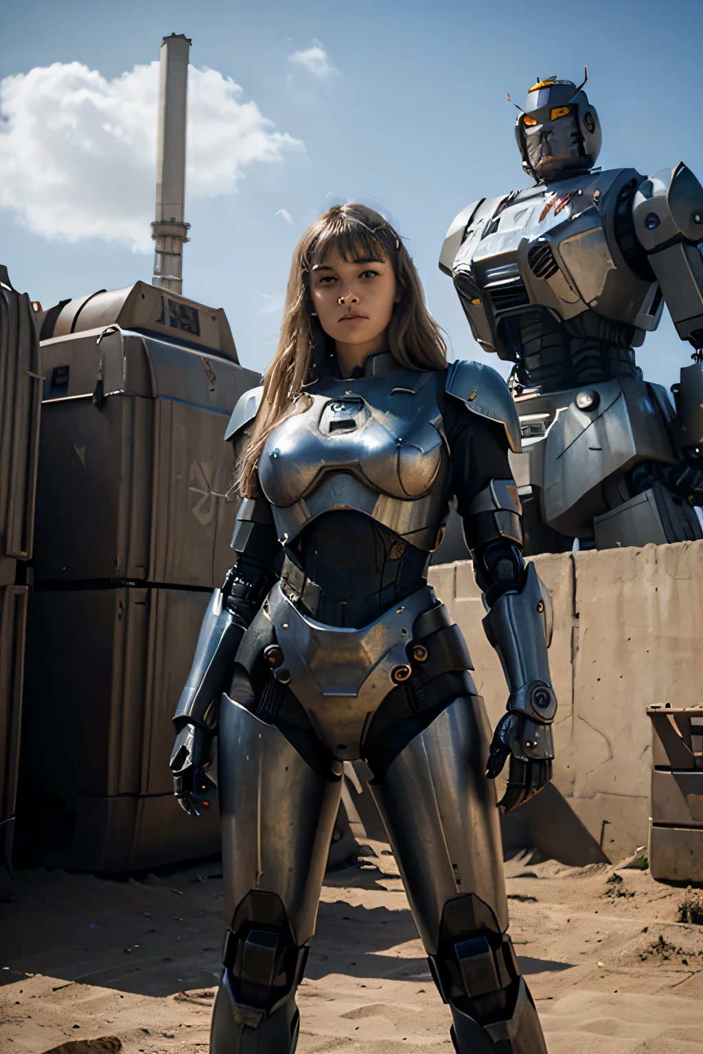 (((There is a woman standing in front of a giant robot))), Inspired by Ken Kelly, Epic album covers, Imogen Poots(paladin), Ralph Horsley Vivid Color, mighty princess of the wasteland, Skynet, intricate biopunk pattern, Queen of Warriors, krull, masterpiece, 最high quality, high quality, High resolution, Pose with movement、in front of a giant robot