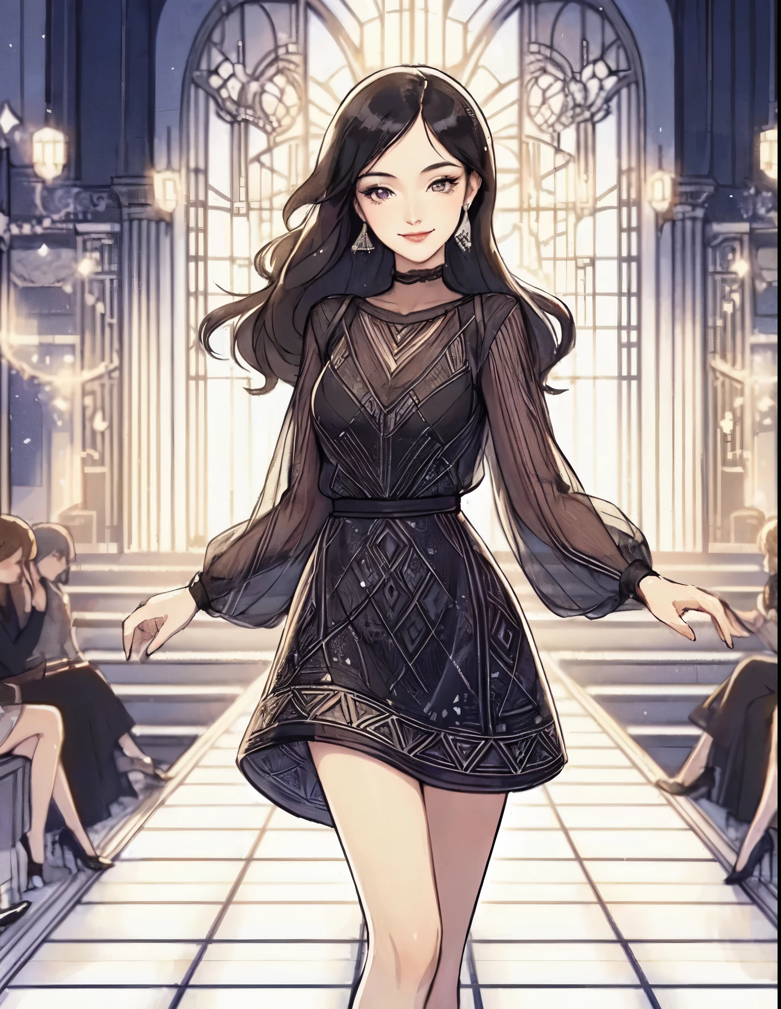 1lady (striding across central stage), model, (chic black dress) stylish outfit, mature female, /(black hair/) bangs, elegantly smile, (masterpiece best quality:1.2) delicate illustration ultra-detailed, medium breasts BREAK (Art Deco style dress:1.2) (geometric pattern:1.2), simple, minimal decoration BREAK (fashion show:1.2) (bustling venue indoors), (Art Deco style:1.2), spotlight, audience, detailed background