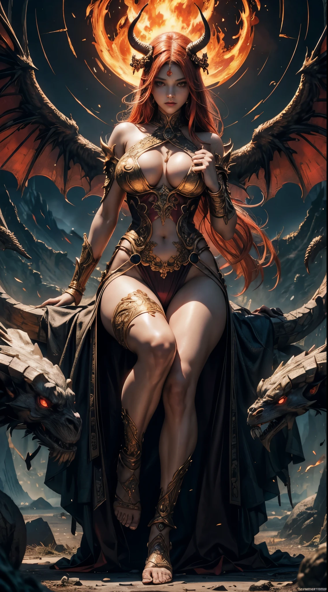 （masterpiece，top quality，best quality，official art，Beautiful and beautiful：1.2），Scene depicting Goddess of War in hell with horned red burning demon，She is a great giant，she is a lovely princess，she is a strong warrior，flame，lightning in sky，magma，At the foot of the mountain，mountains in the distance，(theelementoffire:1.4)，现实的flame，Highly realistic，correct anatomy，full-body shot，convex，cute big breasts，violent house，，Plum，longing unsatisfied，only genitalia， camel toe，Sexy gesture，，Sex huge breasts cleavage， onlyfoot，Sexy gesture，fist to flesh，（Zentangle，mandala，tangled，entangled）（Hairy and fleshy，only ，），married woman，熟妇，delicate face，美丽delicate eyes，correct anatomy，Detailed face, delicate eyes，Divine light，gold foil，gold foil艺术，Deep background，absurd，marvelous and unbelievable，epic work，(intricate details，Ultra-detailed:1.2)，Super real photos, epic reality,  ((neutral color)),(pastel colors:1.2), surreal, + lens + dynamic composition, Extremely detailed, sharpen, Normal, warm light, Light effect, dramatic light, (intricate details:1.1), complex background, (greg rutkovsky:0.8),  (black and red:0.4），