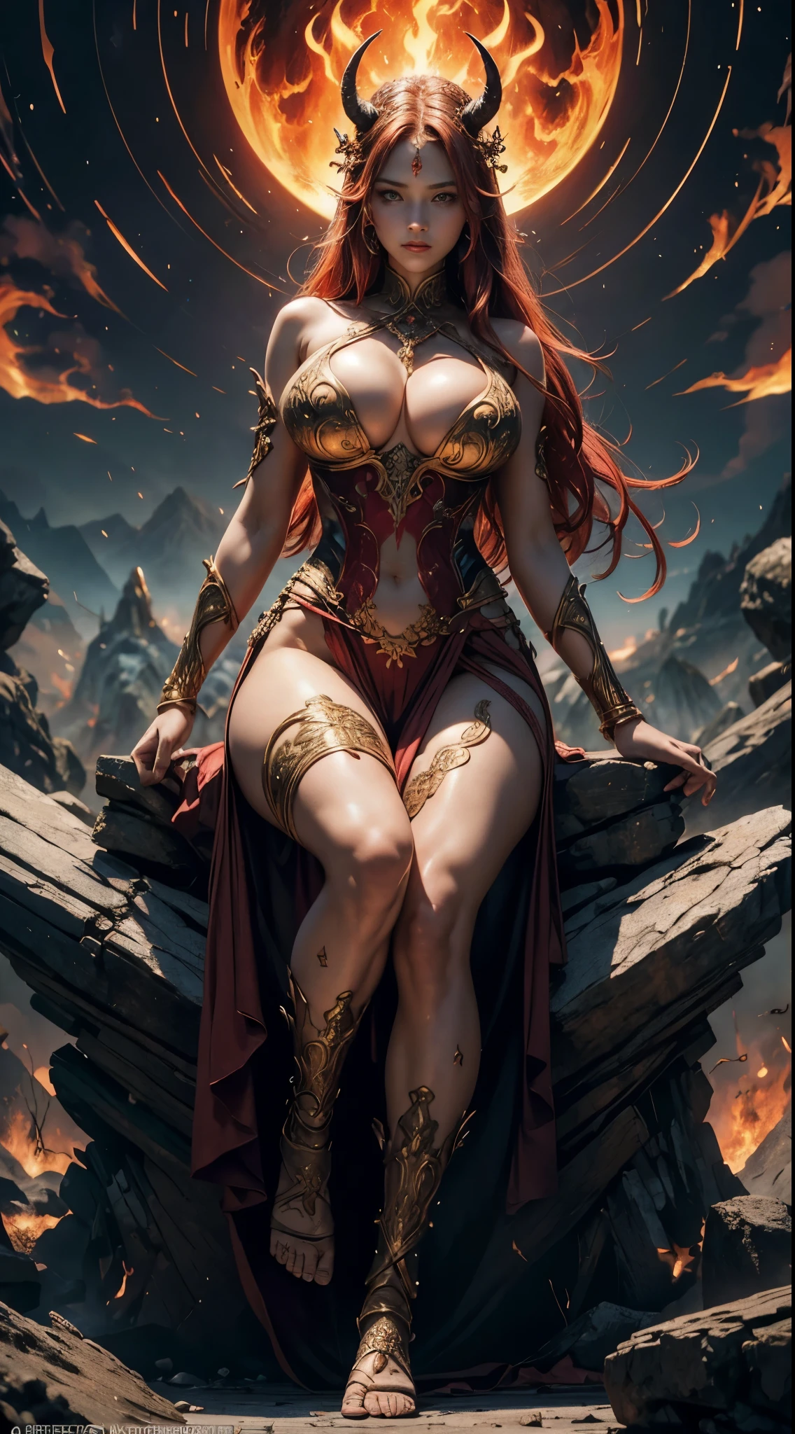 （masterpiece，top quality，best quality，official art，Beautiful and beautiful：1.2），Scene depicting Goddess of War in hell with horned red burning demon，She is a great giant，she is a lovely princess，she is a strong warrior，flame，lightning in sky，magma，At the foot of the mountain，mountains in the distance，(theelementoffire:1.4)，现实的flame，Highly realistic，correct anatomy，full-body shot，convex，cute big breasts，violent house，，Plum，longing unsatisfied，only genitalia， camel toe，Sexy gesture，，Sex huge breasts cleavage， onlyfoot，Sexy gesture，fist to flesh，（Zentangle，mandala，tangled，entangled）（Hairy and fleshy，only ，），married woman，熟妇，delicate face，美丽delicate eyes，correct anatomy，Detailed face, delicate eyes，Divine light，gold foil，gold foil艺术，Deep background，absurd，marvelous and unbelievable，epic work，(intricate details，Ultra-detailed:1.2)，Super real photos, epic reality,  ((neutral color)),(pastel colors:1.2), surreal, + lens + dynamic composition, Extremely detailed, sharpen, Normal, warm light, Light effect, dramatic light, (intricate details:1.1), complex background, (greg rutkovsky:0.8),  (black and red:0.4），