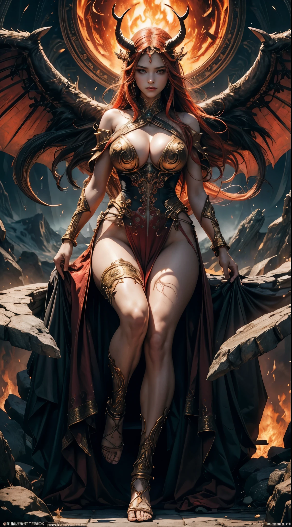 （masterpiece，top quality，best quality，official art，Beautiful and beautiful：1.2），Scene depicting Goddess of War in hell with horned red burning demon，She is a great giant，she is a lovely princess，she is a strong warrior，flame，lightning in sky，magma，At the foot of the mountain，mountains in the distance，(theelementoffire:1.4)，现实的flame，Highly realistic，correct anatomy，full-body shot，convex，cute big breasts，violent house，，Plum，longing unsatisfied，only genitalia， camel toe，Sexy gesture，，Sex huge breasts cleavage， onlyfoot，Sexy gesture，fist to flesh，（Zentangle，mandala，tangled，entangled）（Hairy and fleshy，only ，），married woman，熟妇，delicate face，美丽delicate eyes，correct anatomy，Detailed face, delicate eyes，Divine light，gold foil，gold foil艺术，Deep background，absurd，marvelous and unbelievable，epic work，(intricate details，Ultra-detailed:1.2)，Super real photos, epic reality,  ((neutral color)),(pastel colors:1.2), surreal, + lens + dynamic composition, Extremely detailed, sharpen, Normal, warm light, Light effect, dramatic light, (intricate details:1.1), complex background, (greg rutkovsky:0.8),  (black and red:0.4），