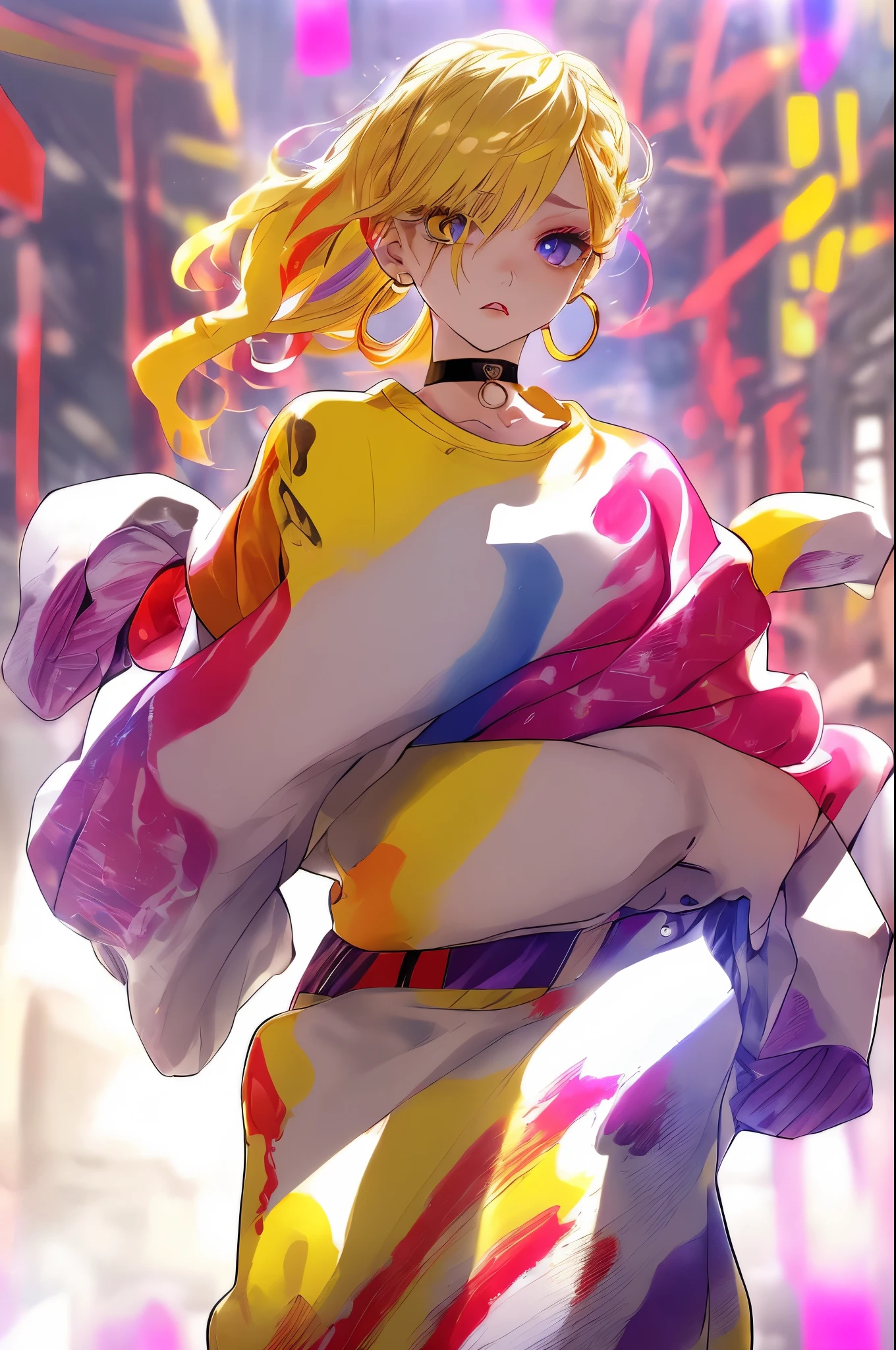 Upper body standing painting, yellow style, (1 ), (alone), (cent, small), long blonde hair, looking at the viewer, Blue eyes background, white background, gem, Jacket, golden hair、straight hair, right ear ring, red eyes, choker necklace, sweater, eyelash, cosmetics, curly, punching, lipstick, ear piercing, eye shadow, hoop earrings, Red-pink lips, multicolored eyes, Yellow theme, 赤いeye shadow,Wearing a rainbow-colored aura from the whole body、purplish color, outdoor, Purple background, upward glance、Shadow lighting,Hands folded behind the waist,Decisive pose、Detailed CG, (perfect hands, perfect anatomy